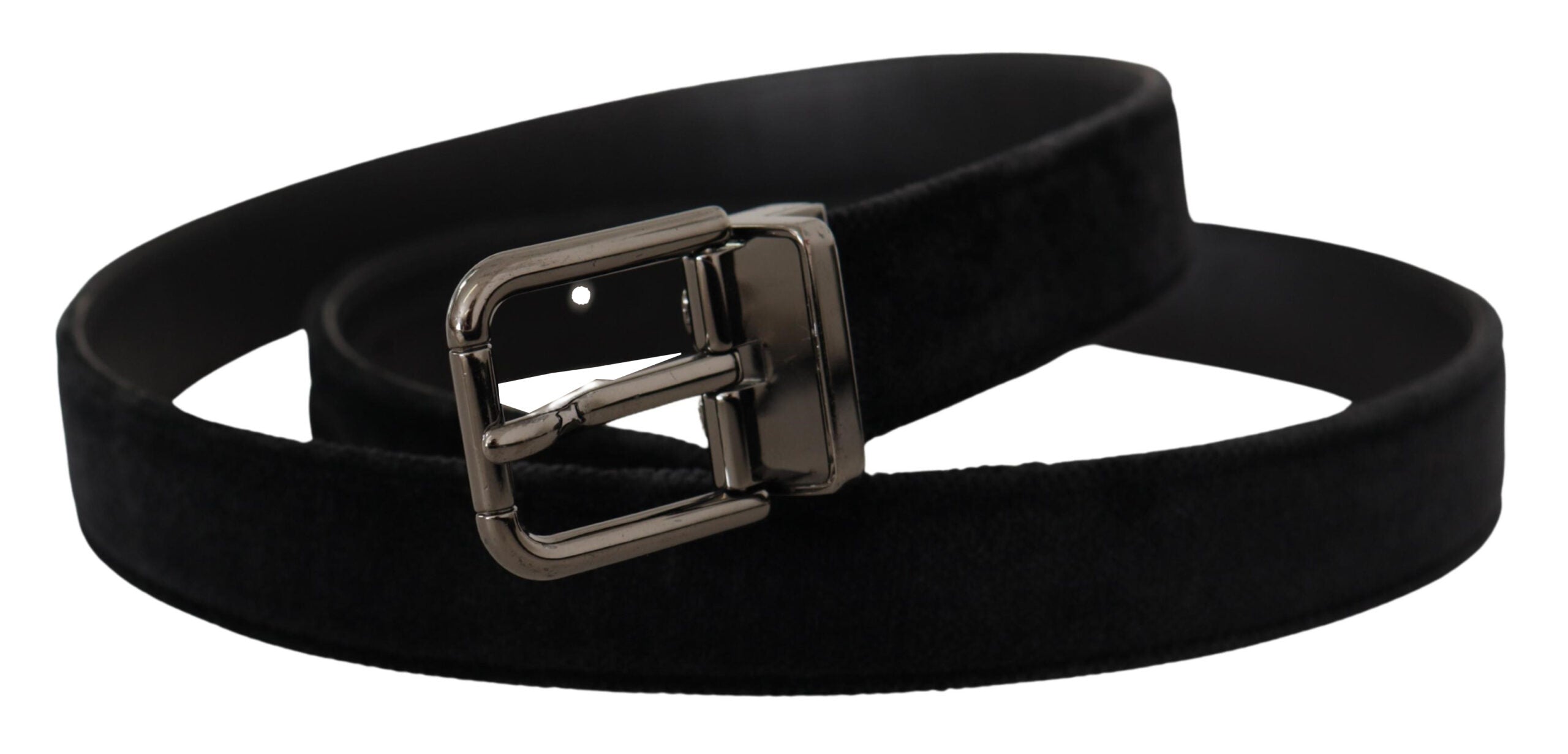 Black Velvet Silver Tone Logo Metal Buckle Belt - ventzia