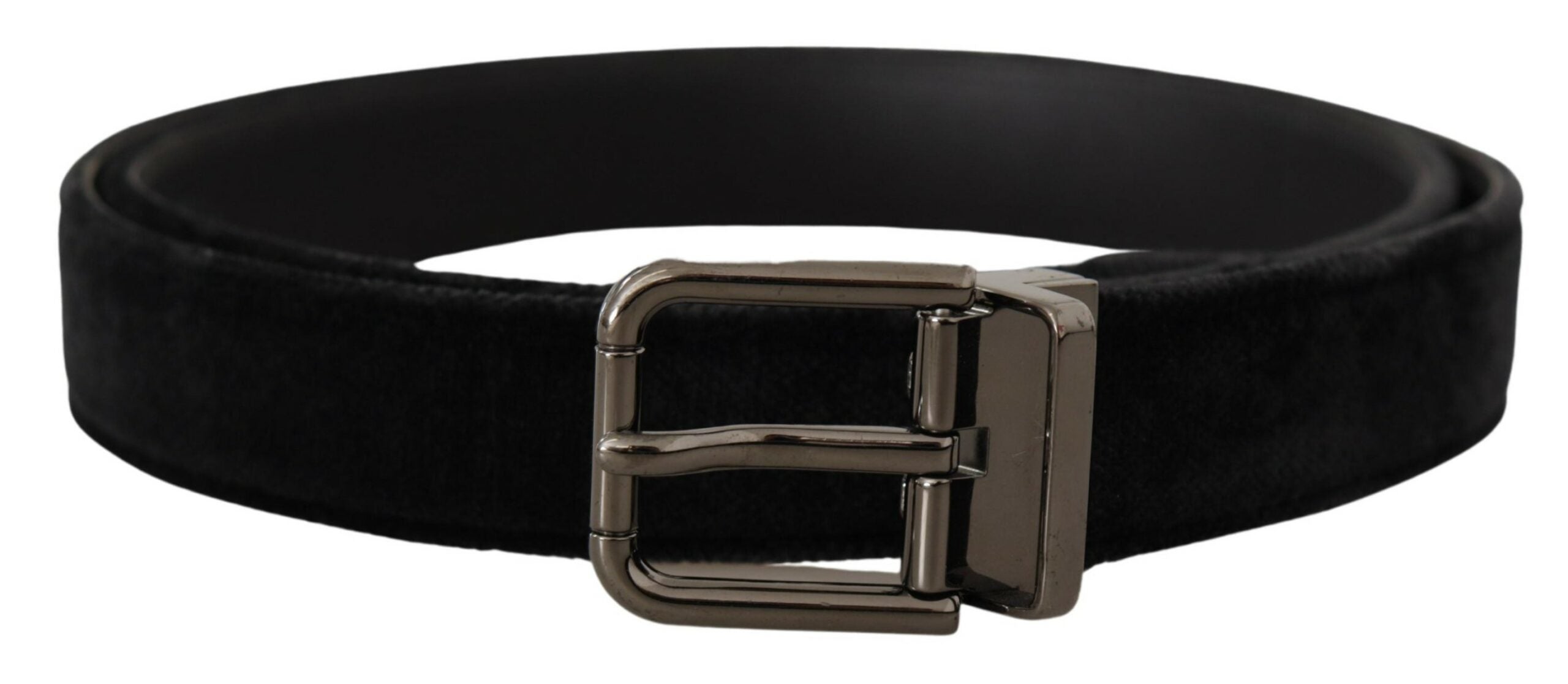 Black Velvet Silver Tone Logo Metal Buckle Belt - ventzia