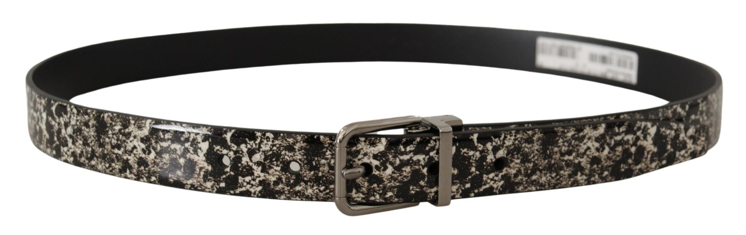 Black Marble Print Leather Silver Logo Buckle Belt - ventzia