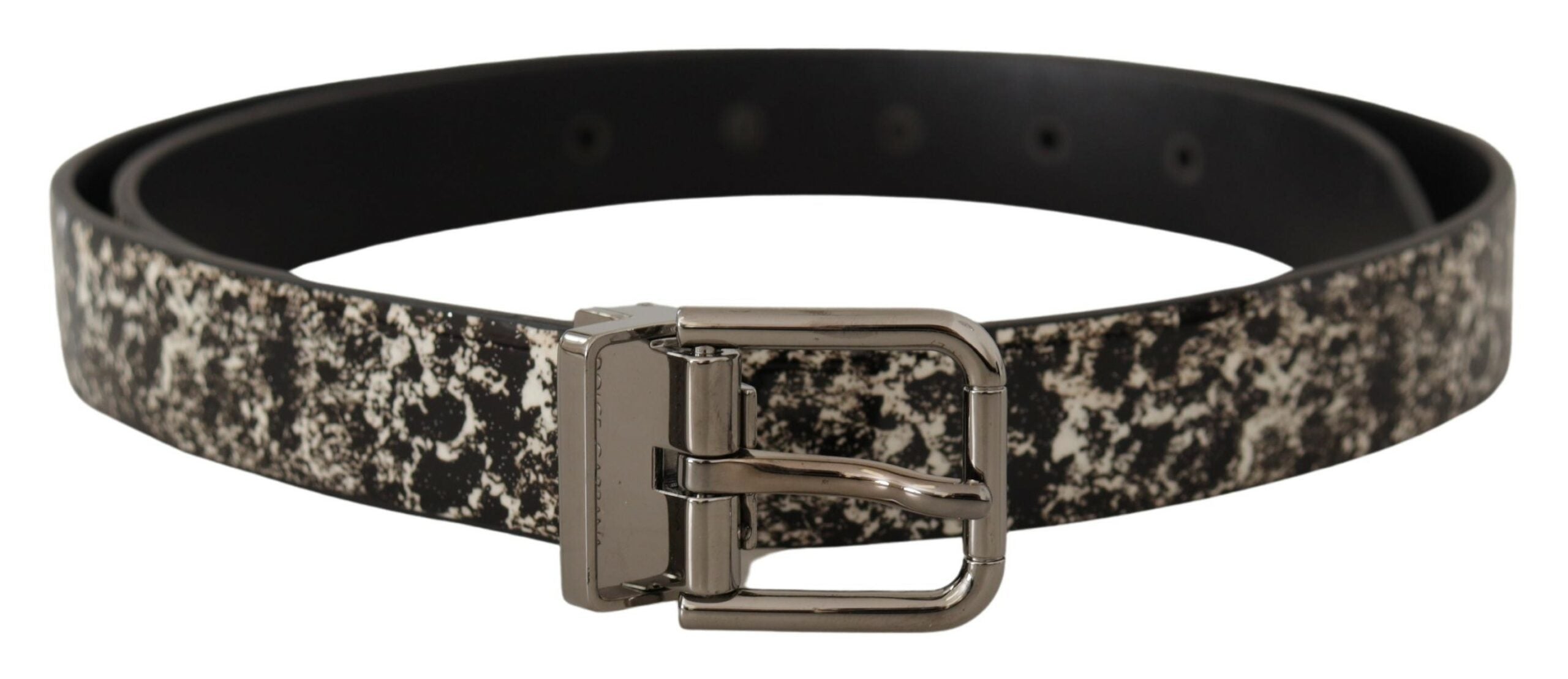 Black Marble Print Leather Silver Logo Buckle Belt - ventzia