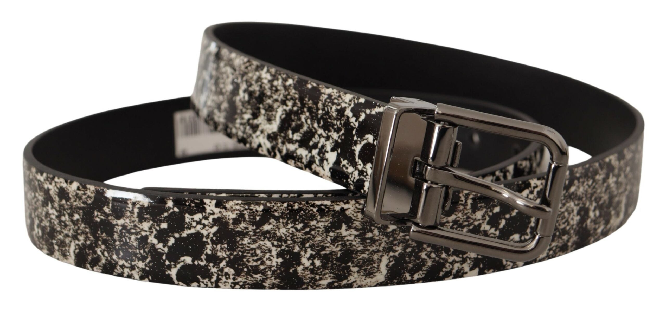 Black Marble Print Leather Gray Logo Belt - ventzia
