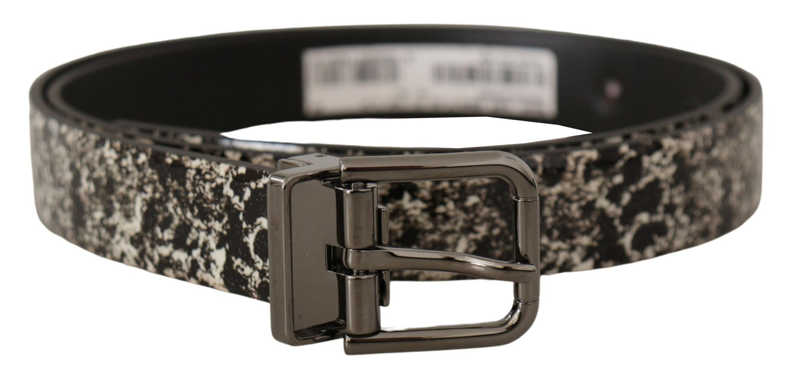 Black Marble Print Leather Gray Logo Belt - ventzia