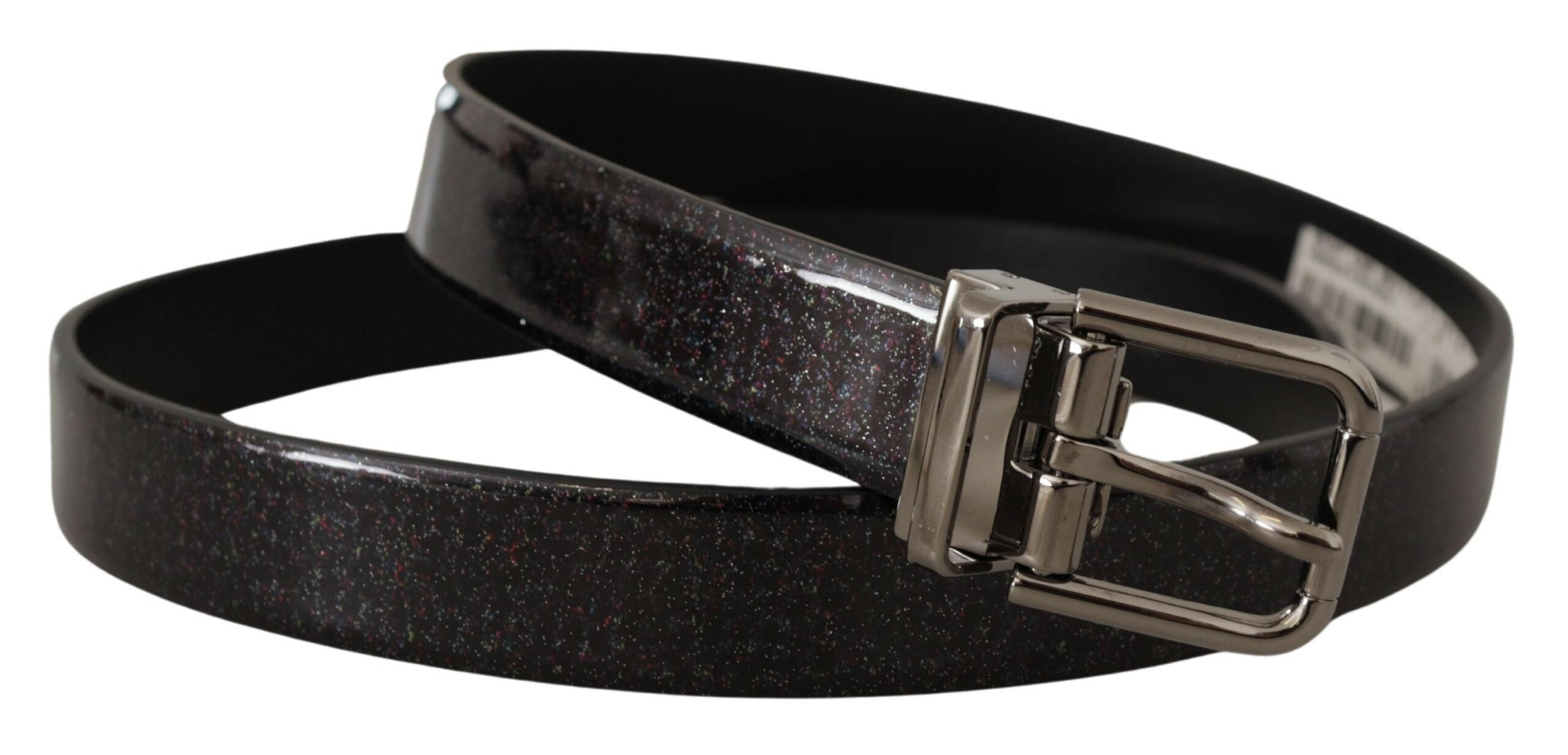 Black Vernice Puntinata Leather Silver Tone Metal Belt - ventzia