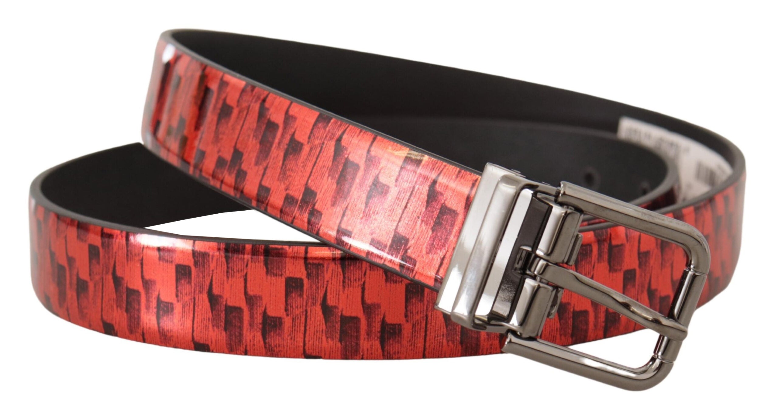 Red Herringbone Leather Gray Tone Buckle Belt - ventzia