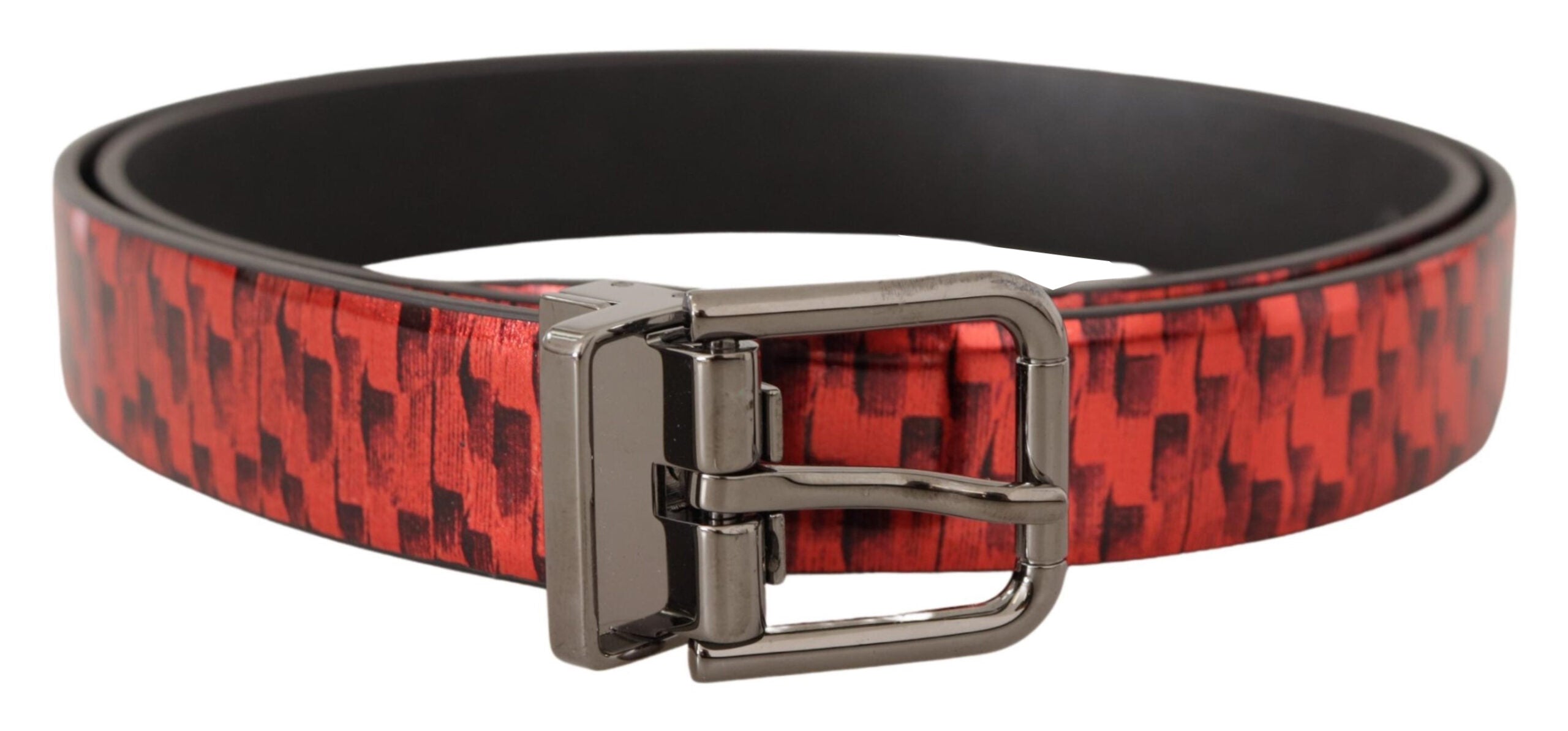 Red Herringbone Leather Gray Tone Buckle Belt - ventzia
