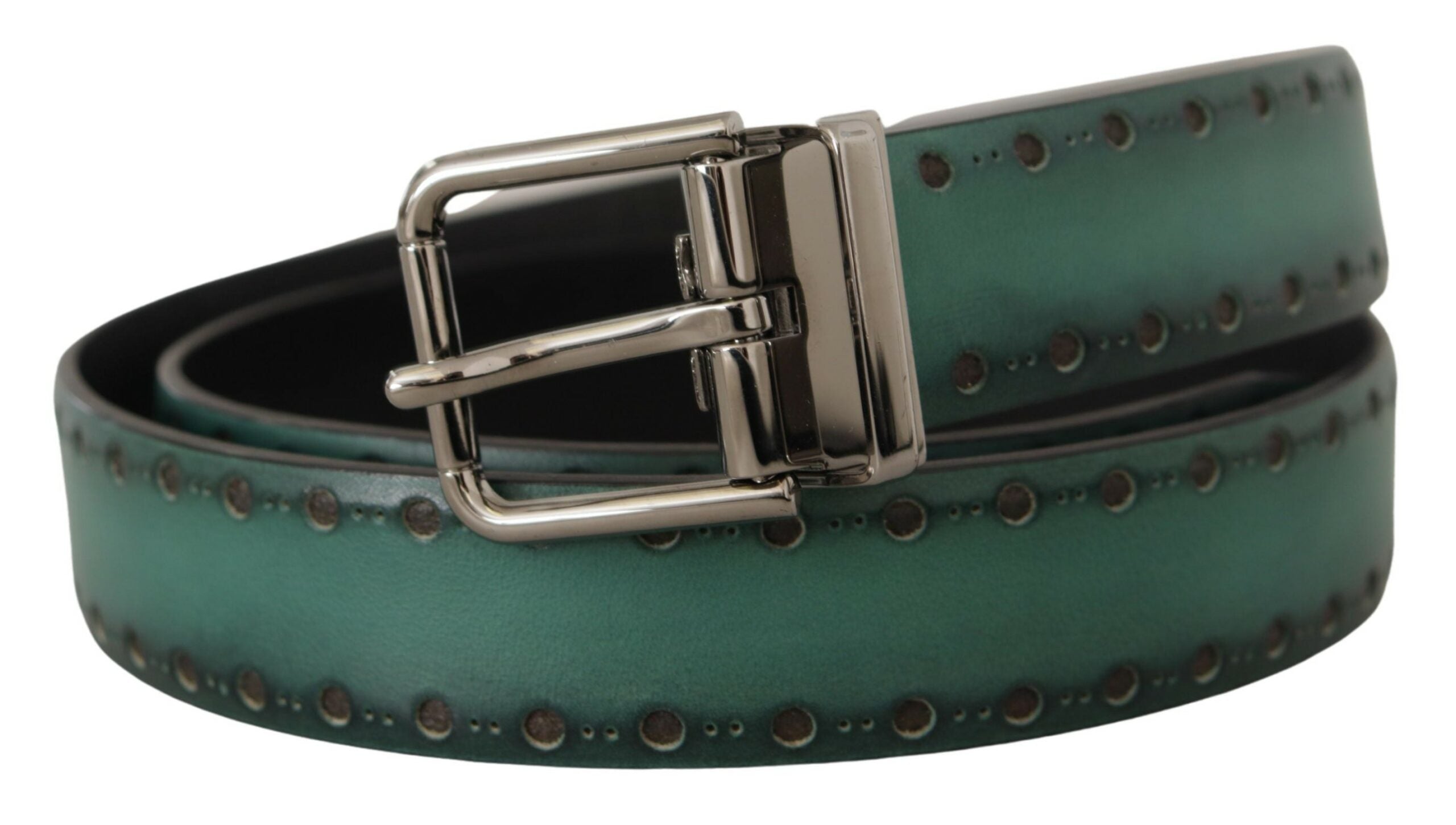 Green Giotto Leather Silver Metal Buckle Belt - ventzia