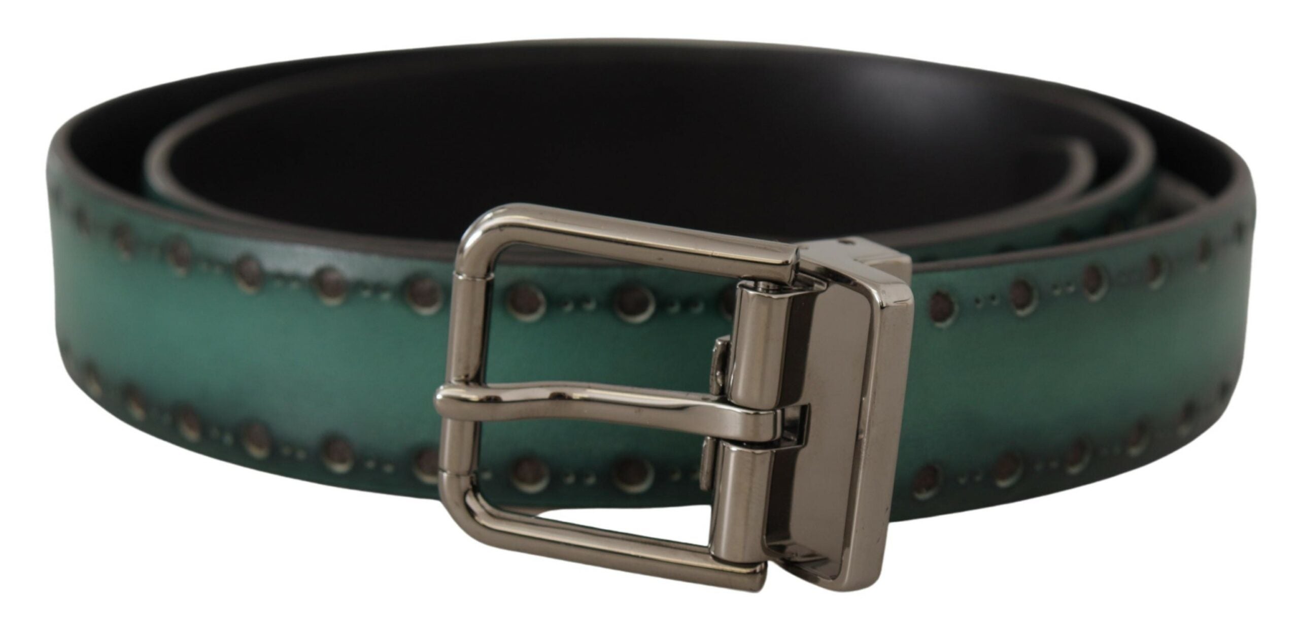 Green Giotto Leather Silver Metal Buckle Belt - ventzia