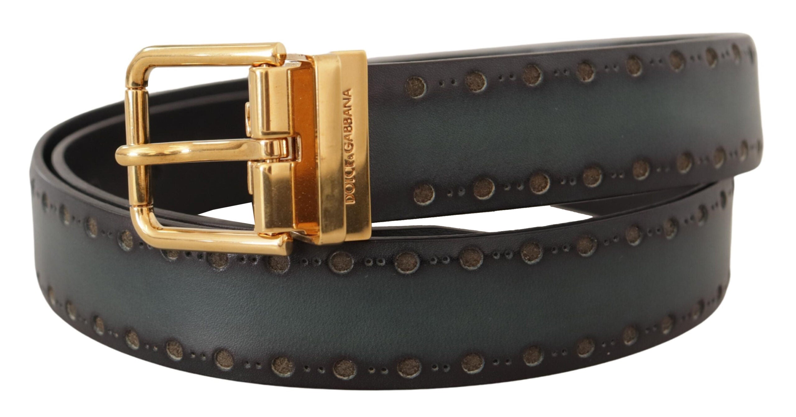 Green Perforated Leather Brass Metal Belt - ventzia