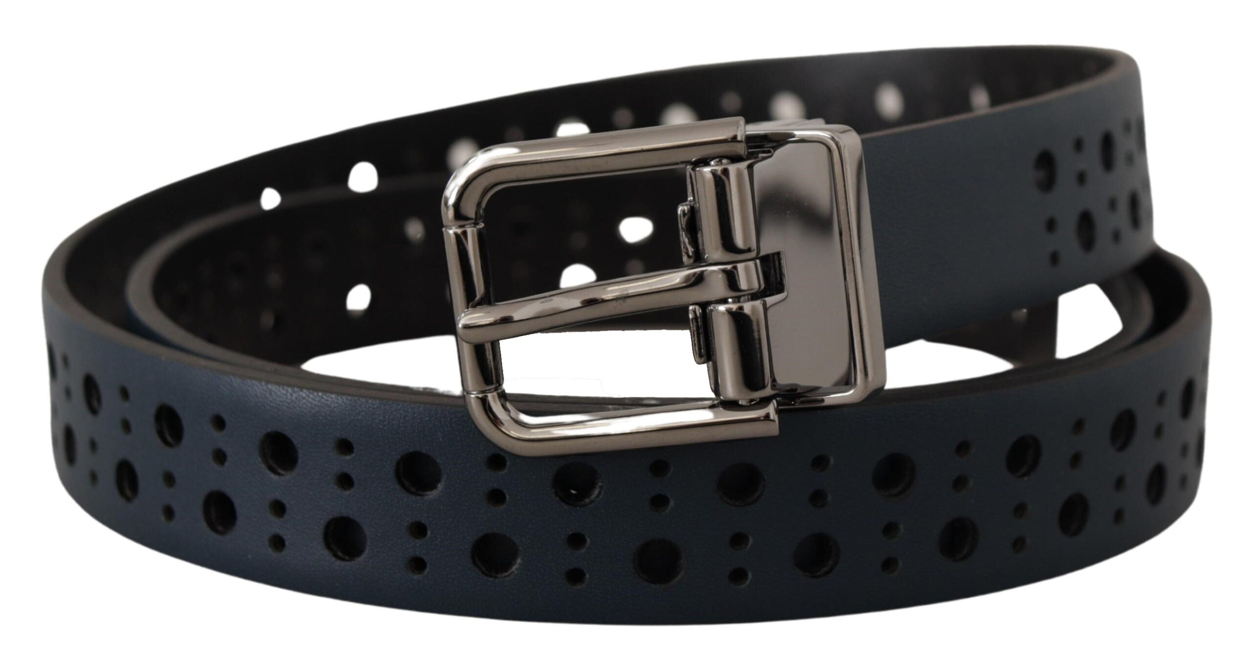 Navy Blue Perforated Leather Skinny Metal Buckle Belt - ventzia