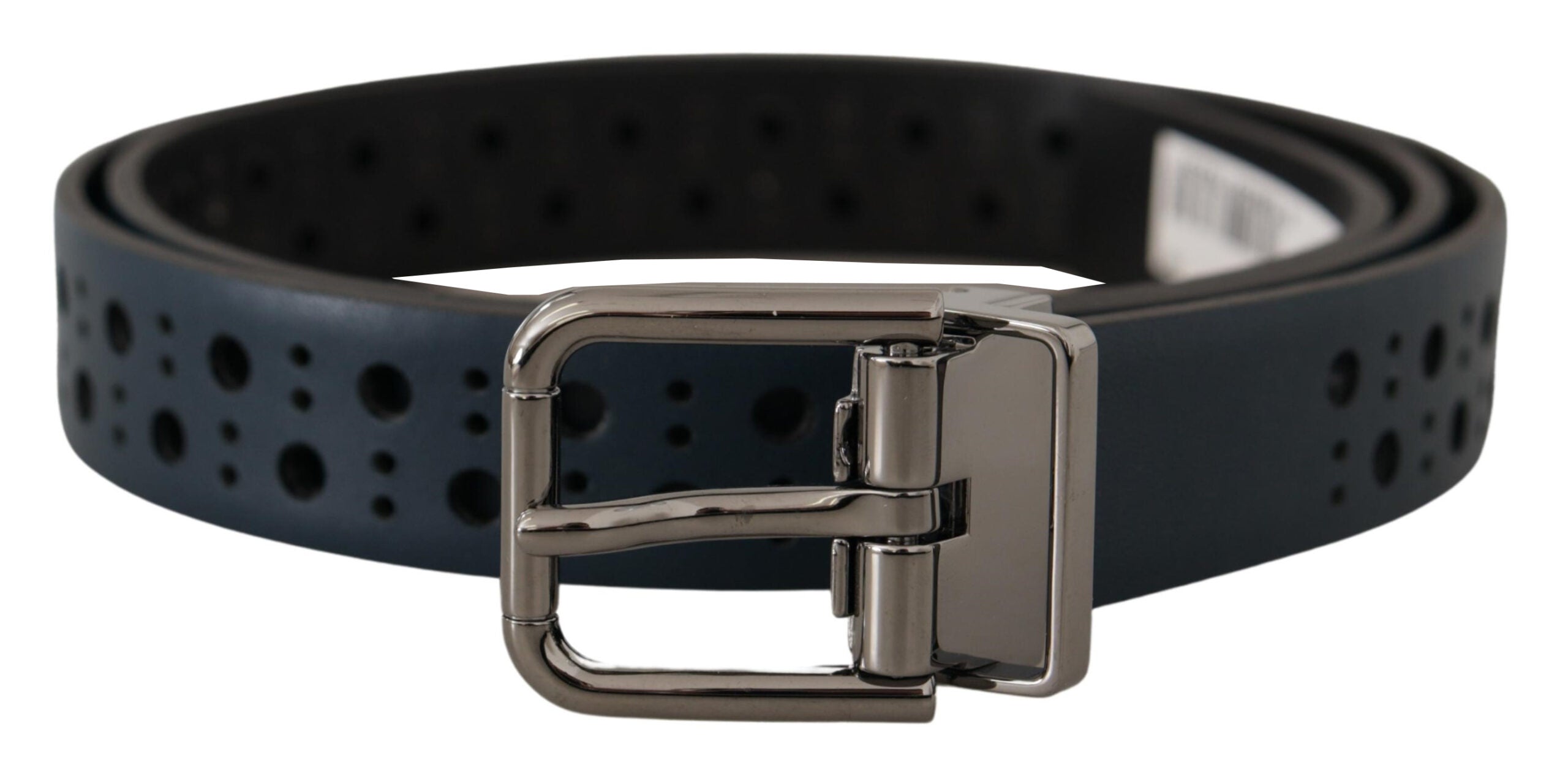 Navy Blue Perforated Leather Skinny Metal Buckle Belt - ventzia