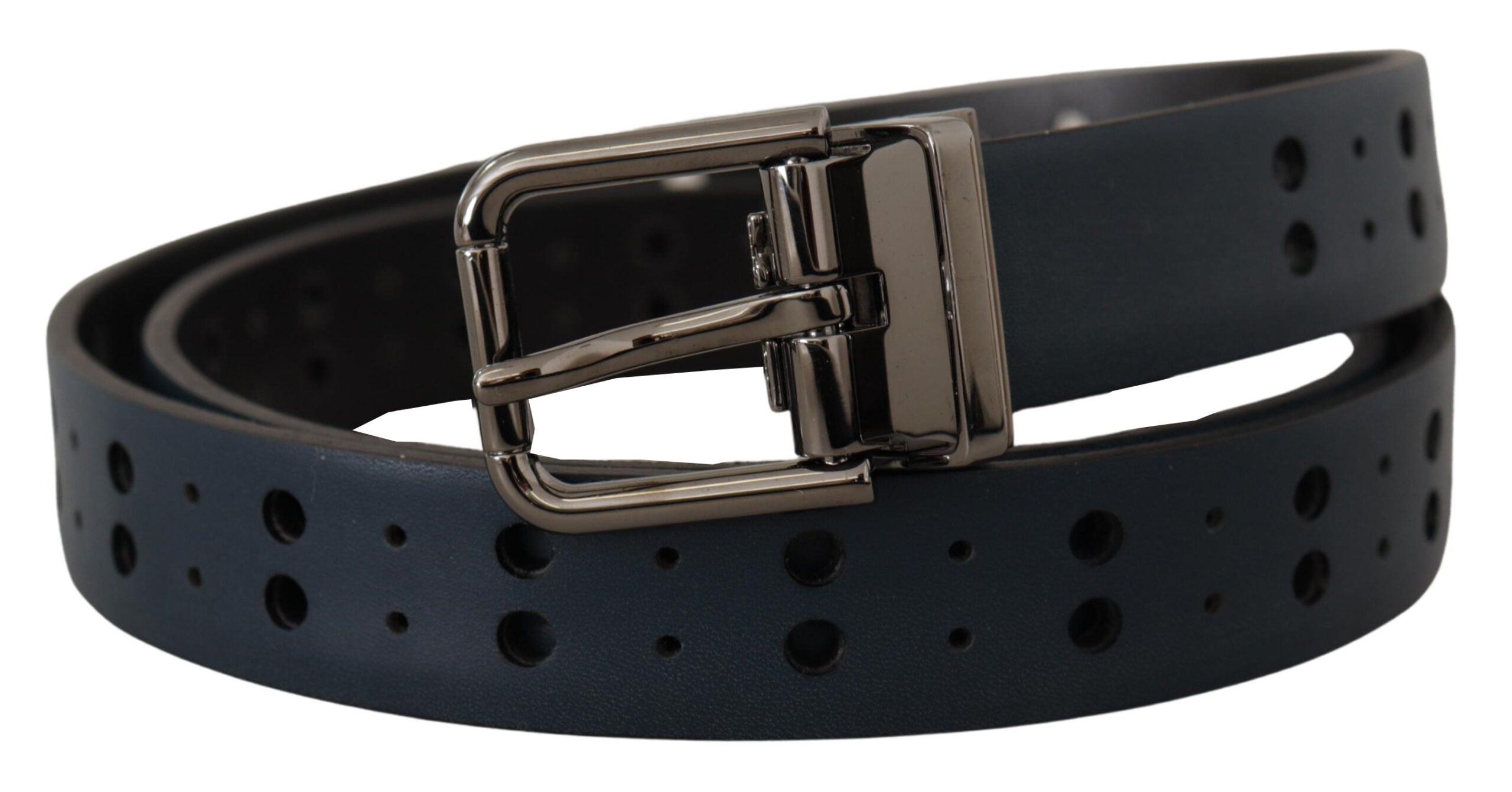 Blue Perforated Skinny Leather Metal Buckle Belt - ventzia