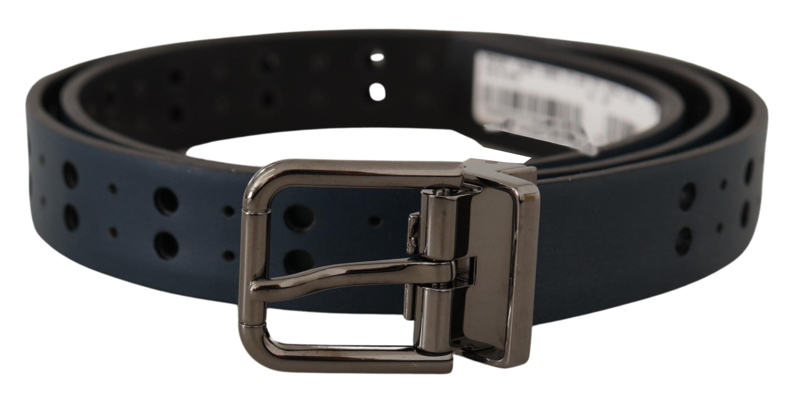 Blue Perforated Skinny Leather Metal Buckle Belt - ventzia