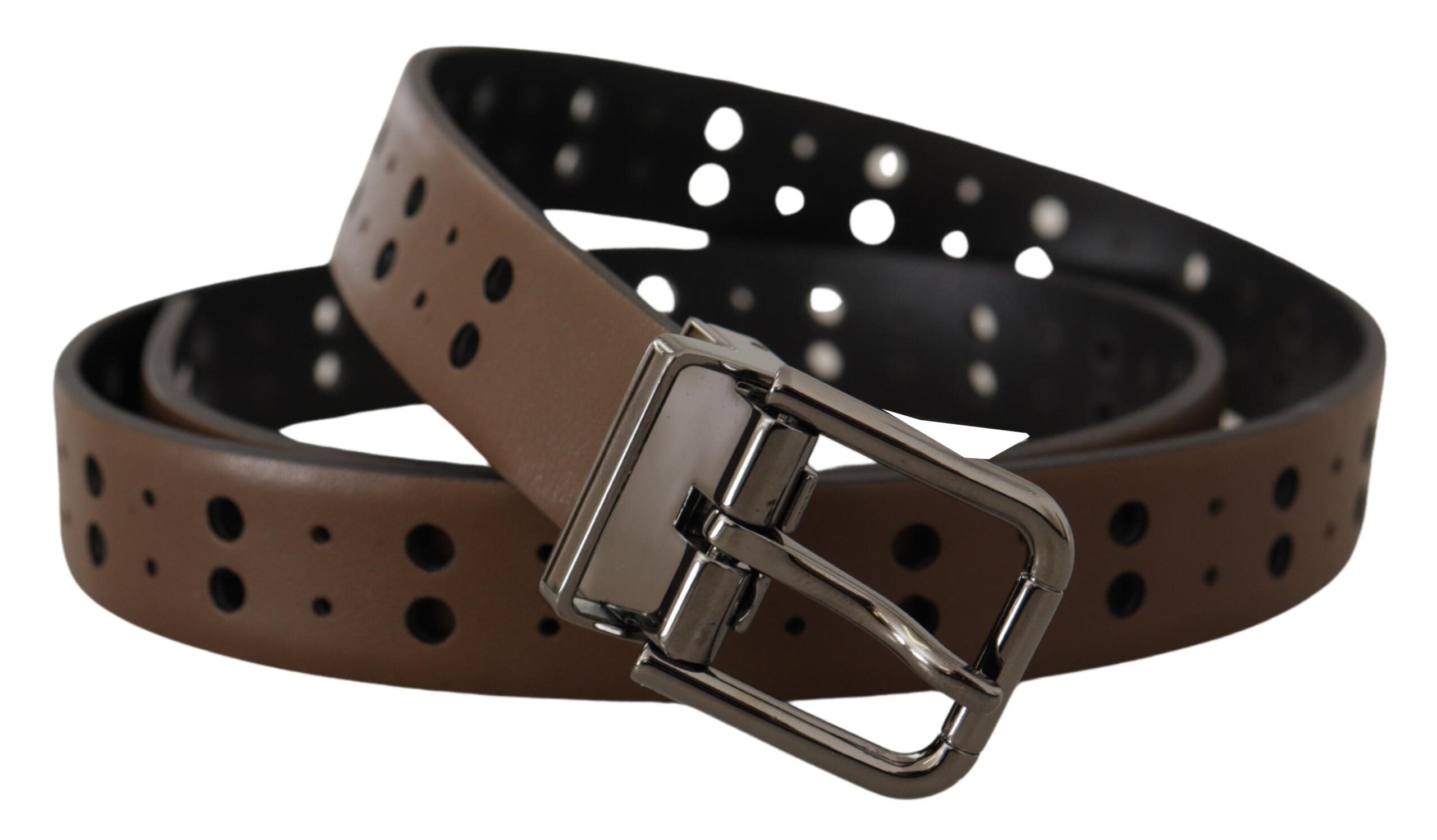 Dark Brown Perforated Leather Metal Belt - ventzia