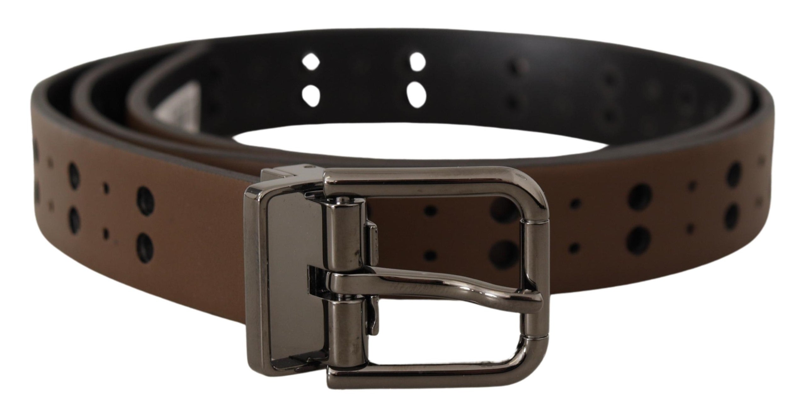 Dark Brown Perforated Leather Metal Belt - ventzia