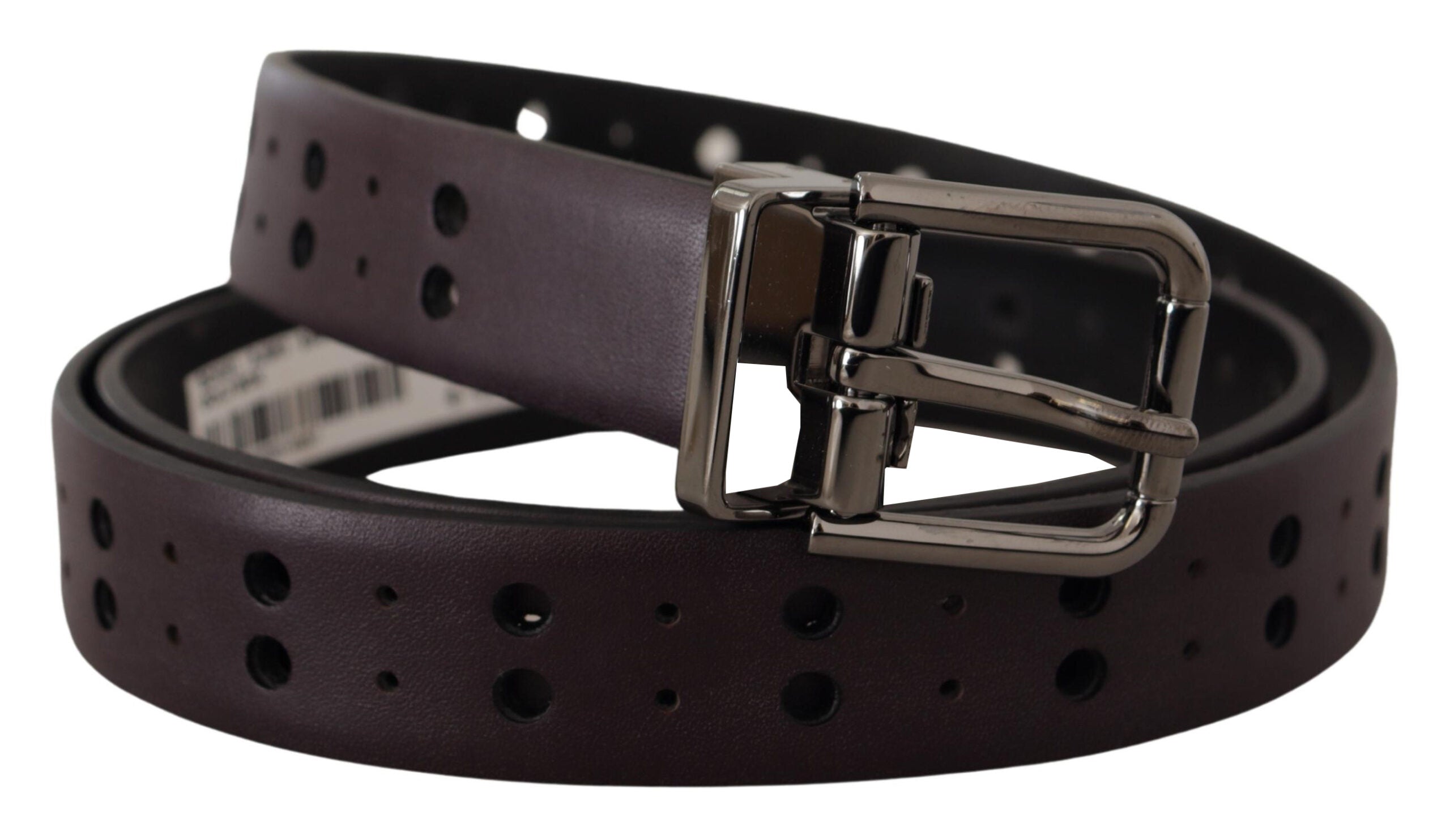Burgundy Leather Perforated Metal Buckle Belt - ventzia