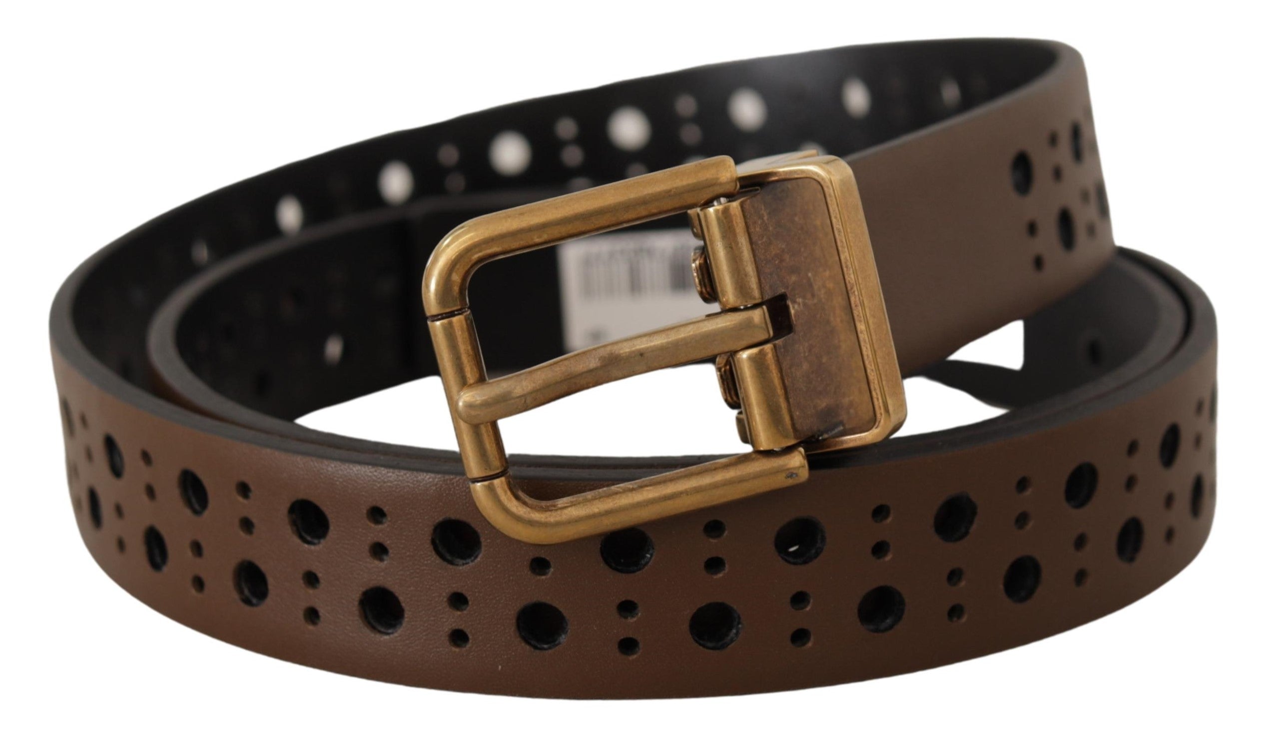 Brown Leather Perforated Crown Belt - ventzia