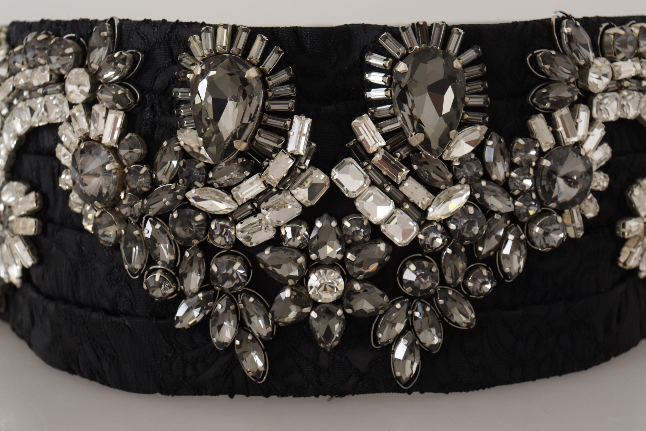 Black Silk Brass Crystal Embellished Waist Belt - ventzia