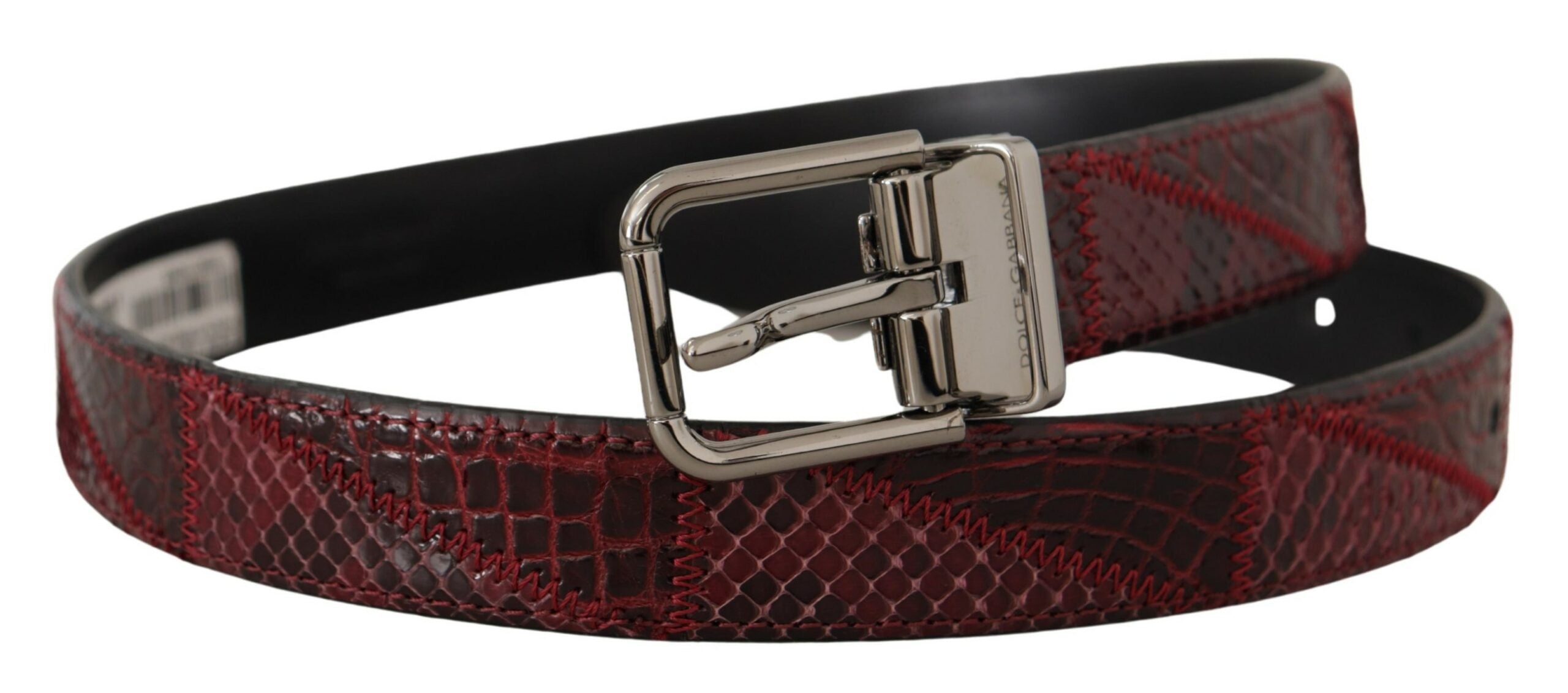 Red Exotic Leather Metal Logo Buckle Belt - ventzia