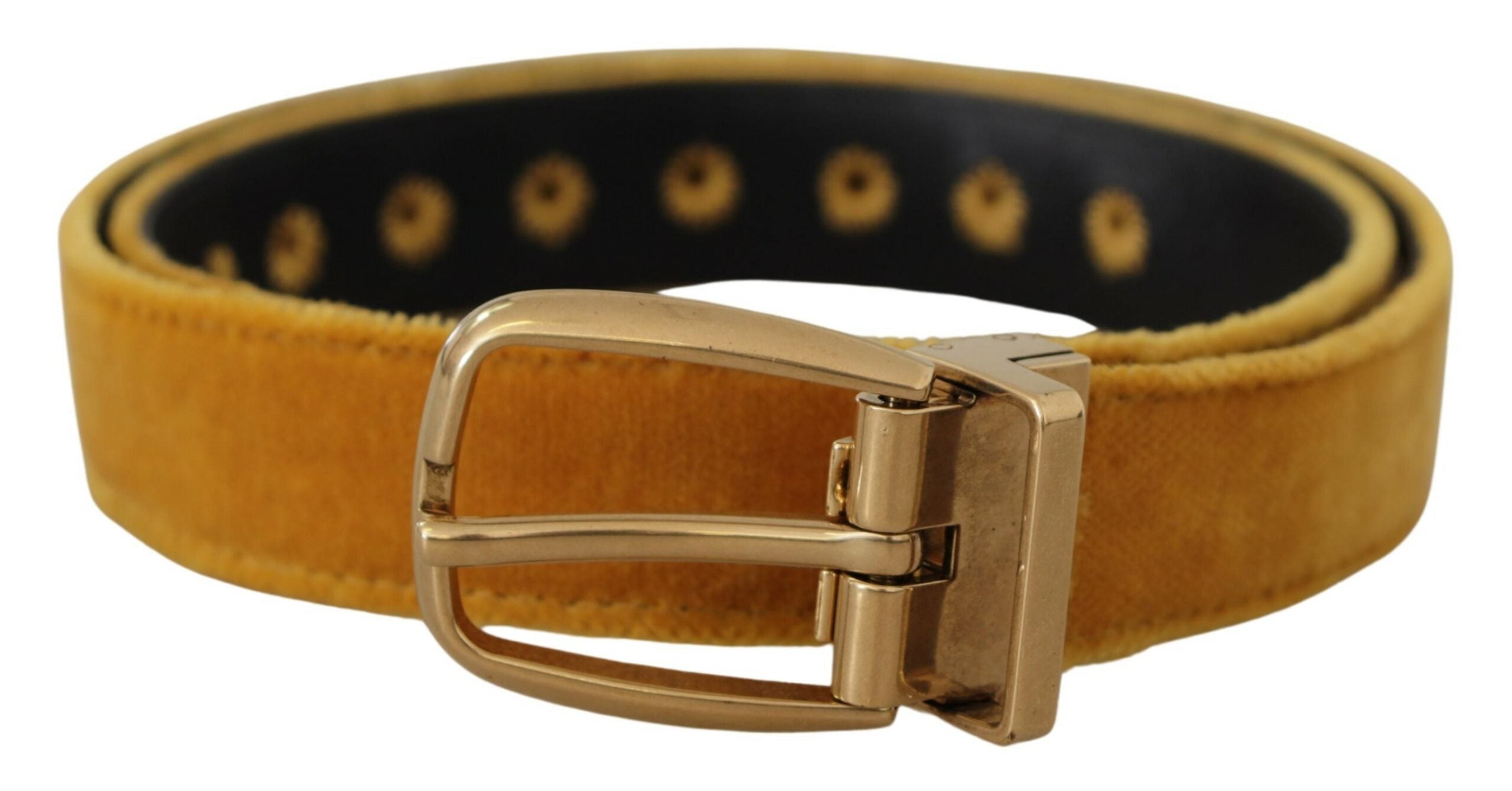 Mustard Velvet Gold Logo Engraved Metal Buckle Belt - ventzia