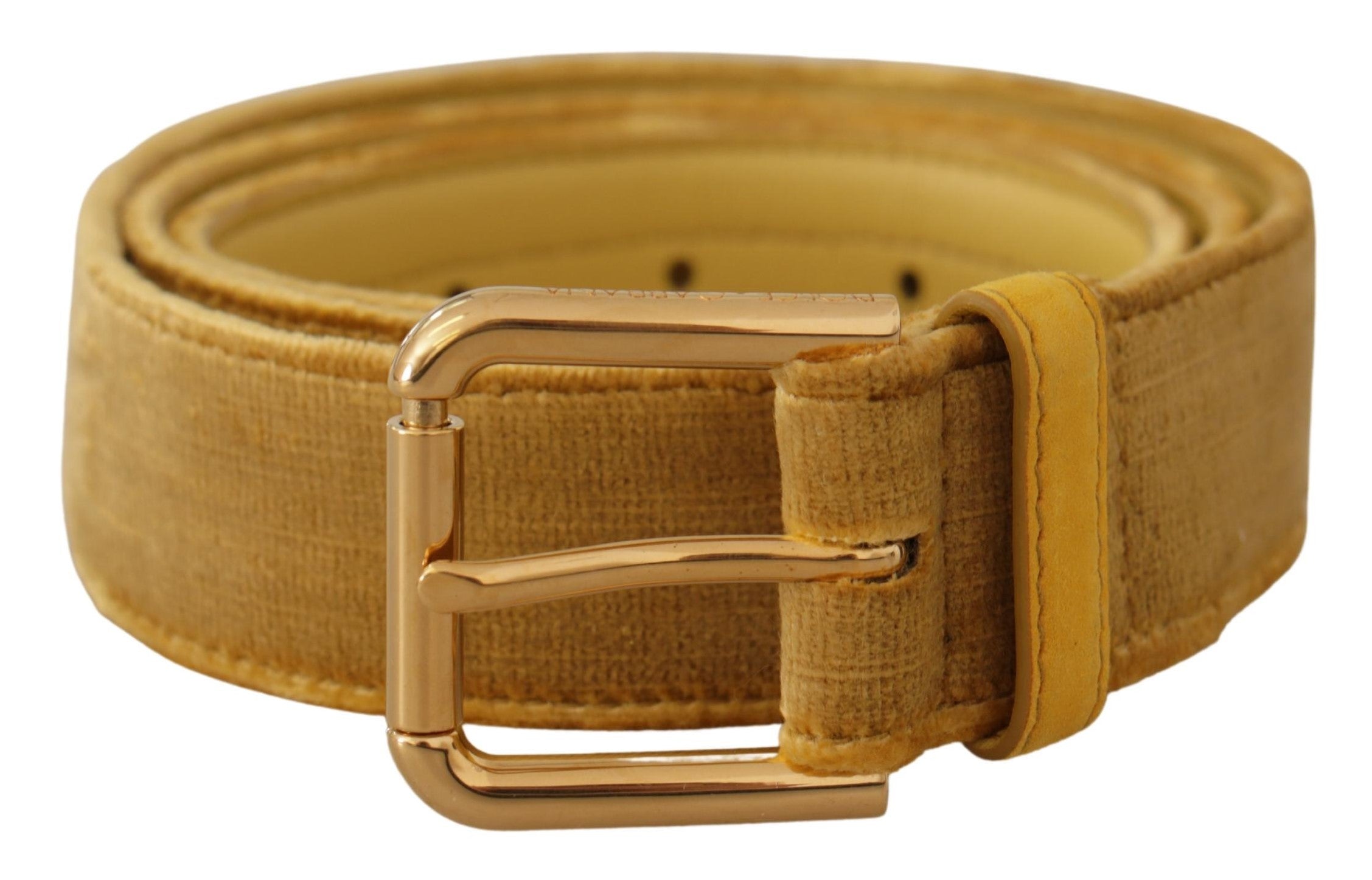 Yellow Velvet Gold Metal Logo Engraved Buckle Belt - ventzia