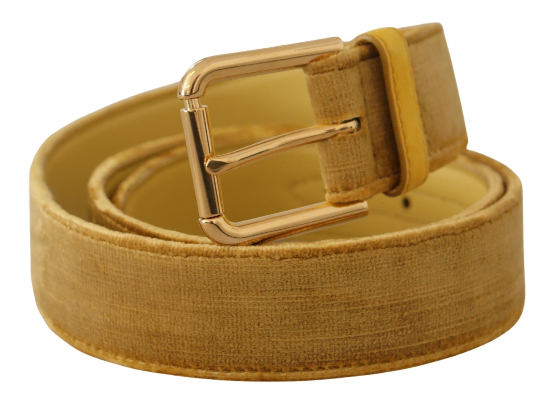Yellow Velvet Gold Metal Logo Engraved Buckle Belt - ventzia