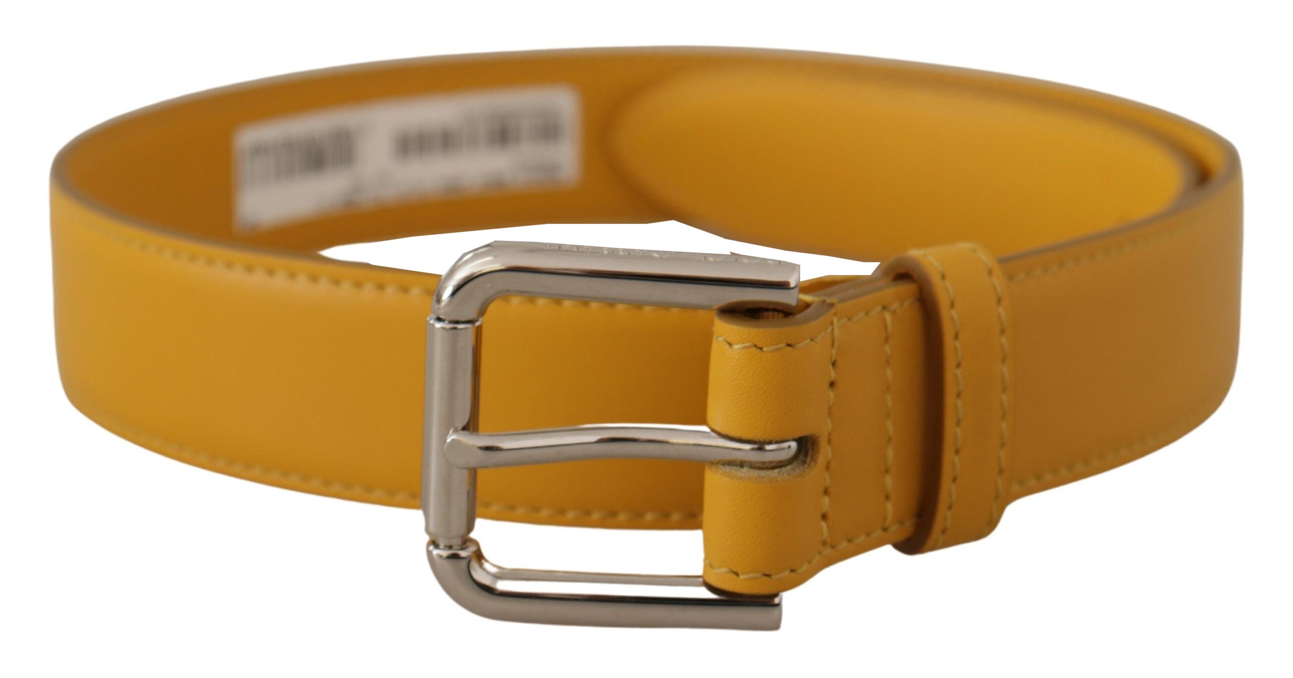 Yellow Leather Silver Tone Logo Metal Buckle Belt - ventzia