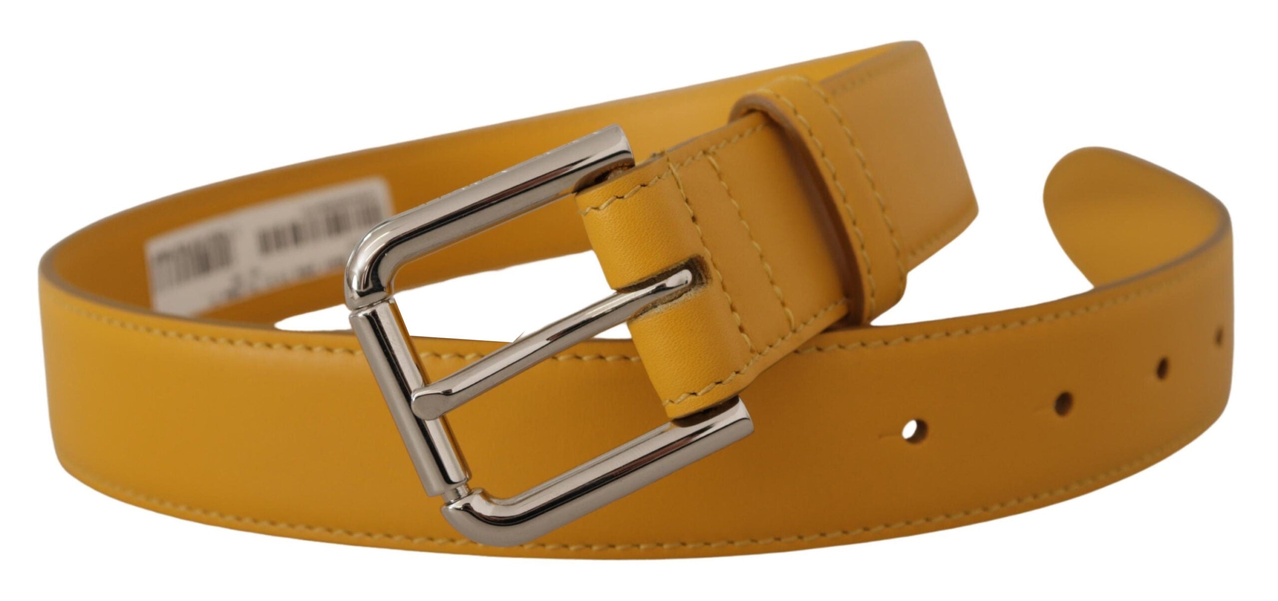Yellow Leather Silver Tone Logo Metal Buckle Belt - ventzia