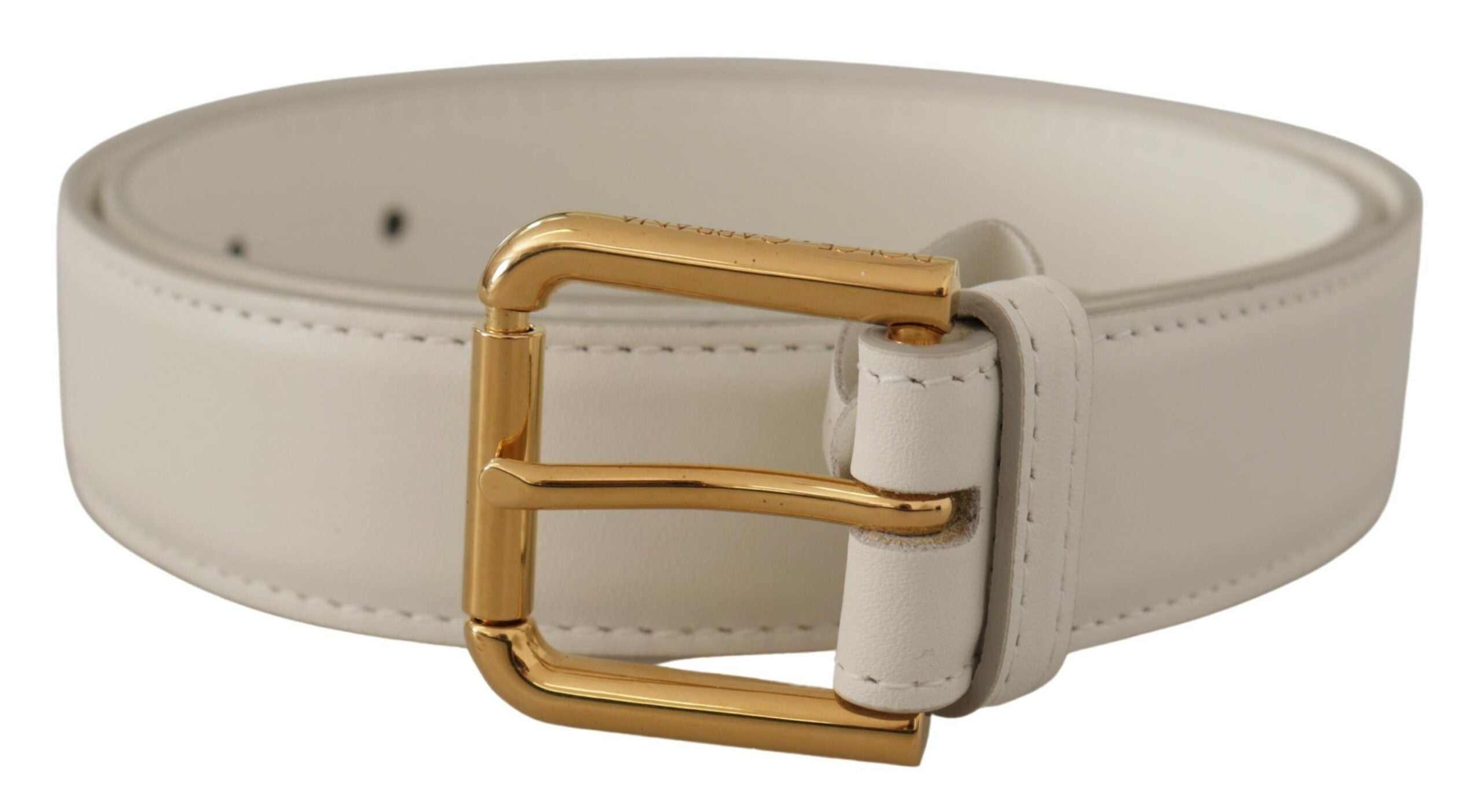 White Calf Leather Gold Tone Logo Metal Buckle Belt - ventzia