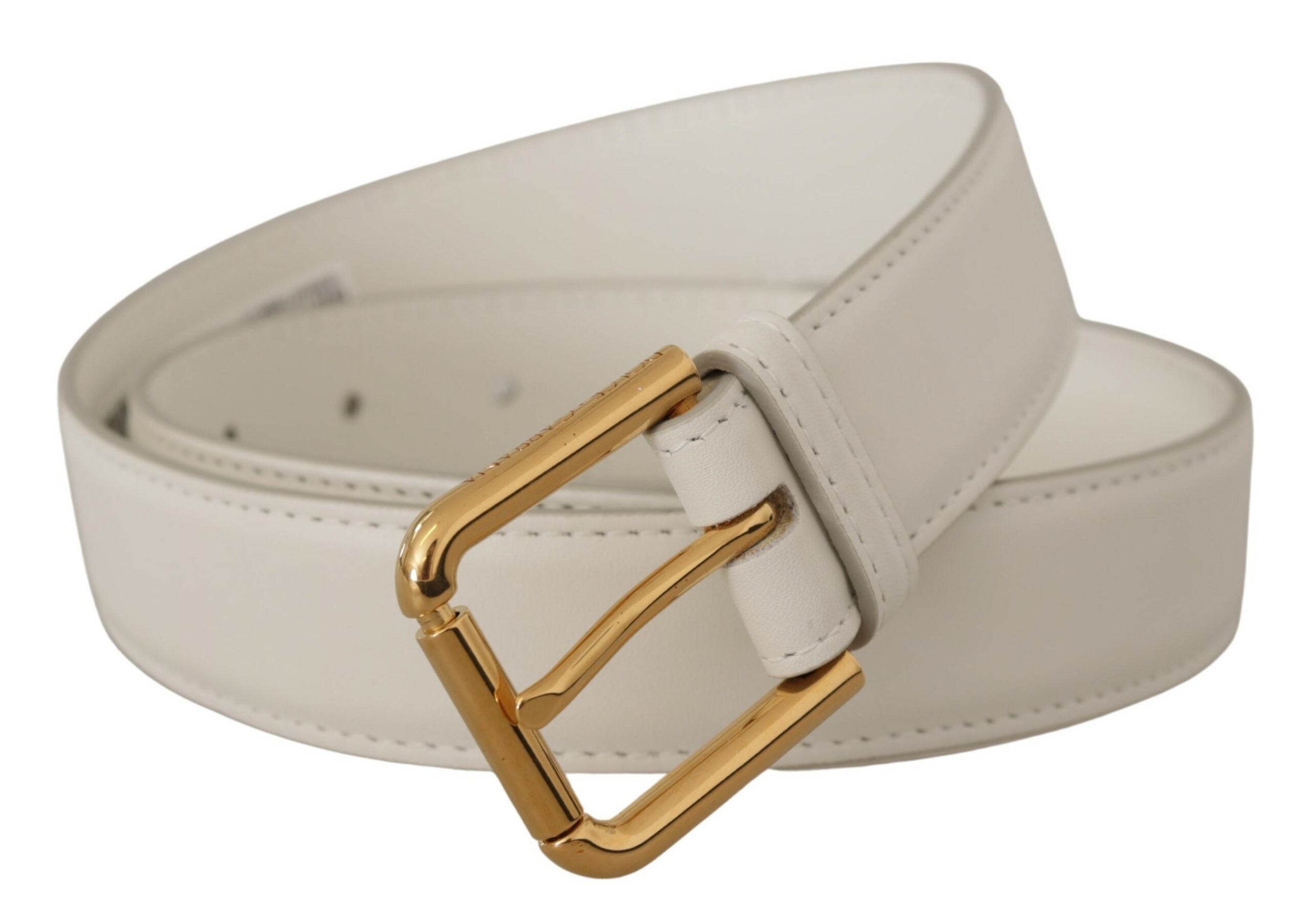 White Calf Leather Gold Tone Logo Metal Buckle Belt - ventzia