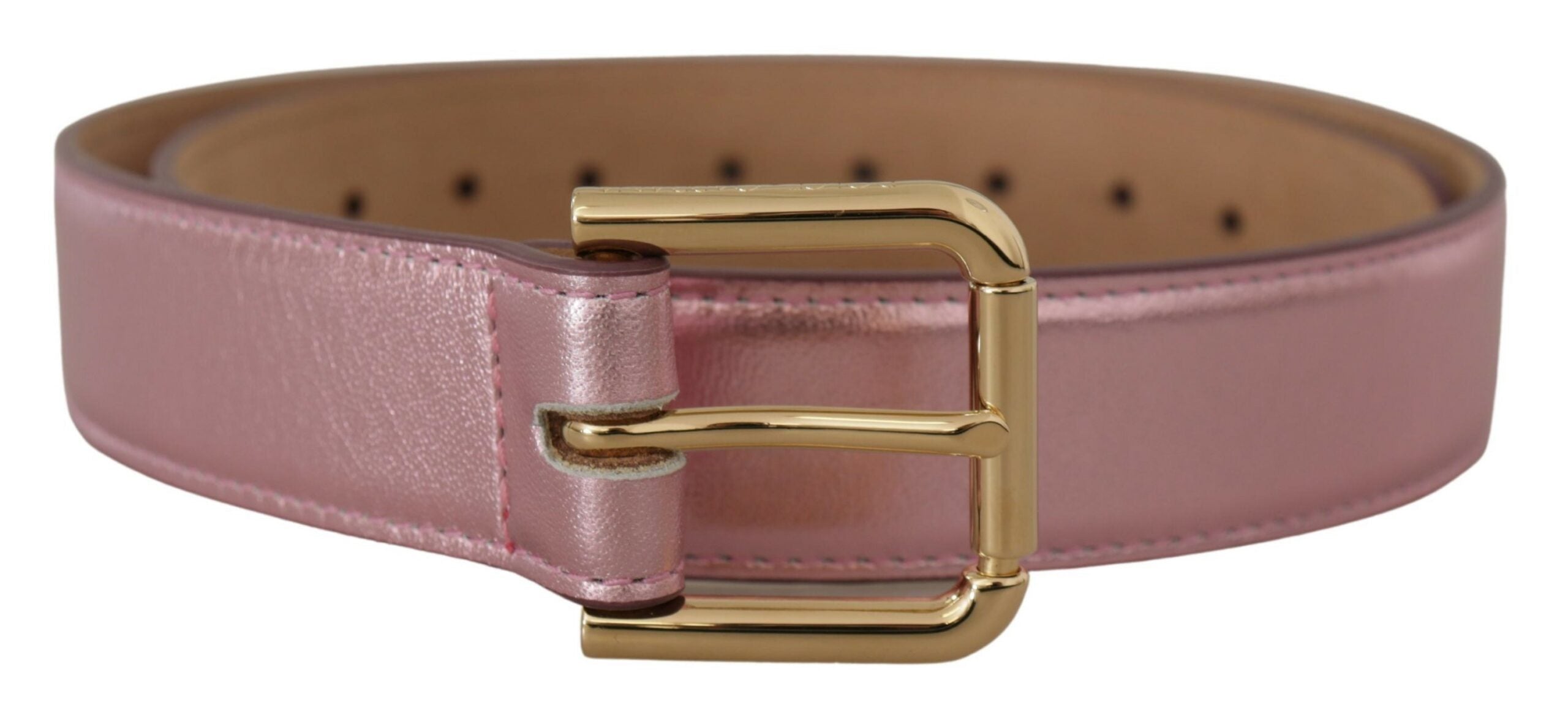 Metallic Pink Polished Leather Logo Metal Buckle Belt - ventzia