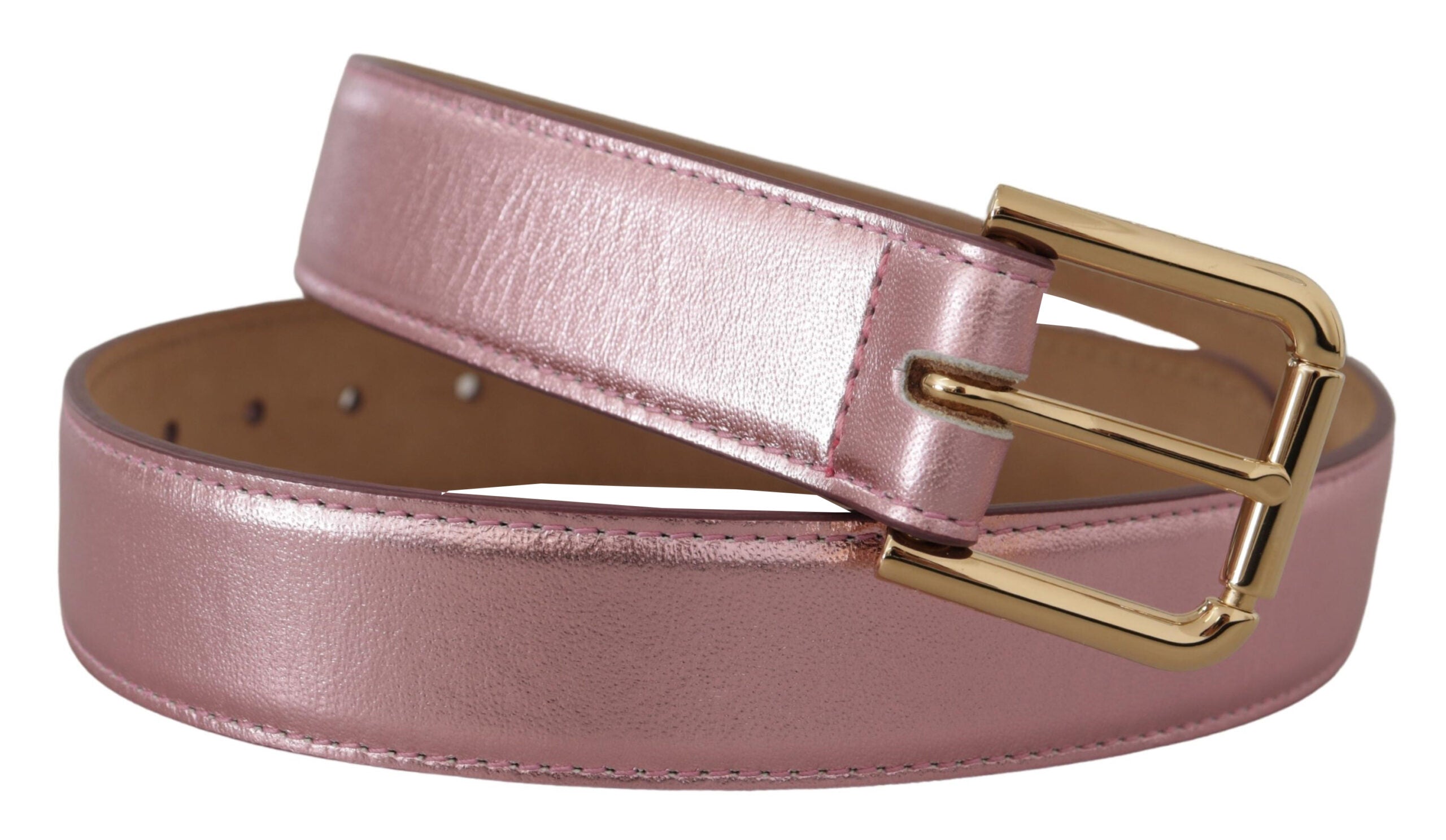 Metallic Pink Polished Leather Logo Metal Buckle Belt - ventzia