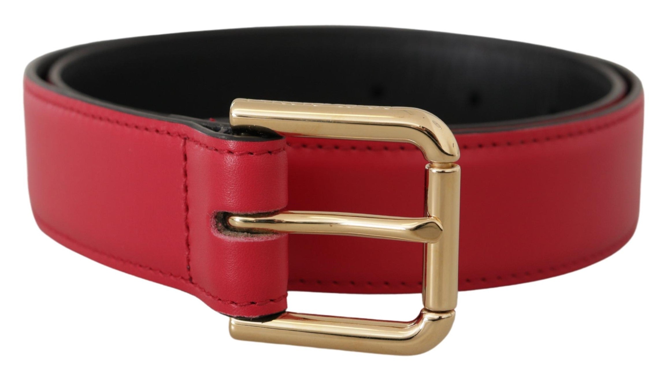 Red Calf Leather Gold Tone Logo Metal Buckle Belt - ventzia