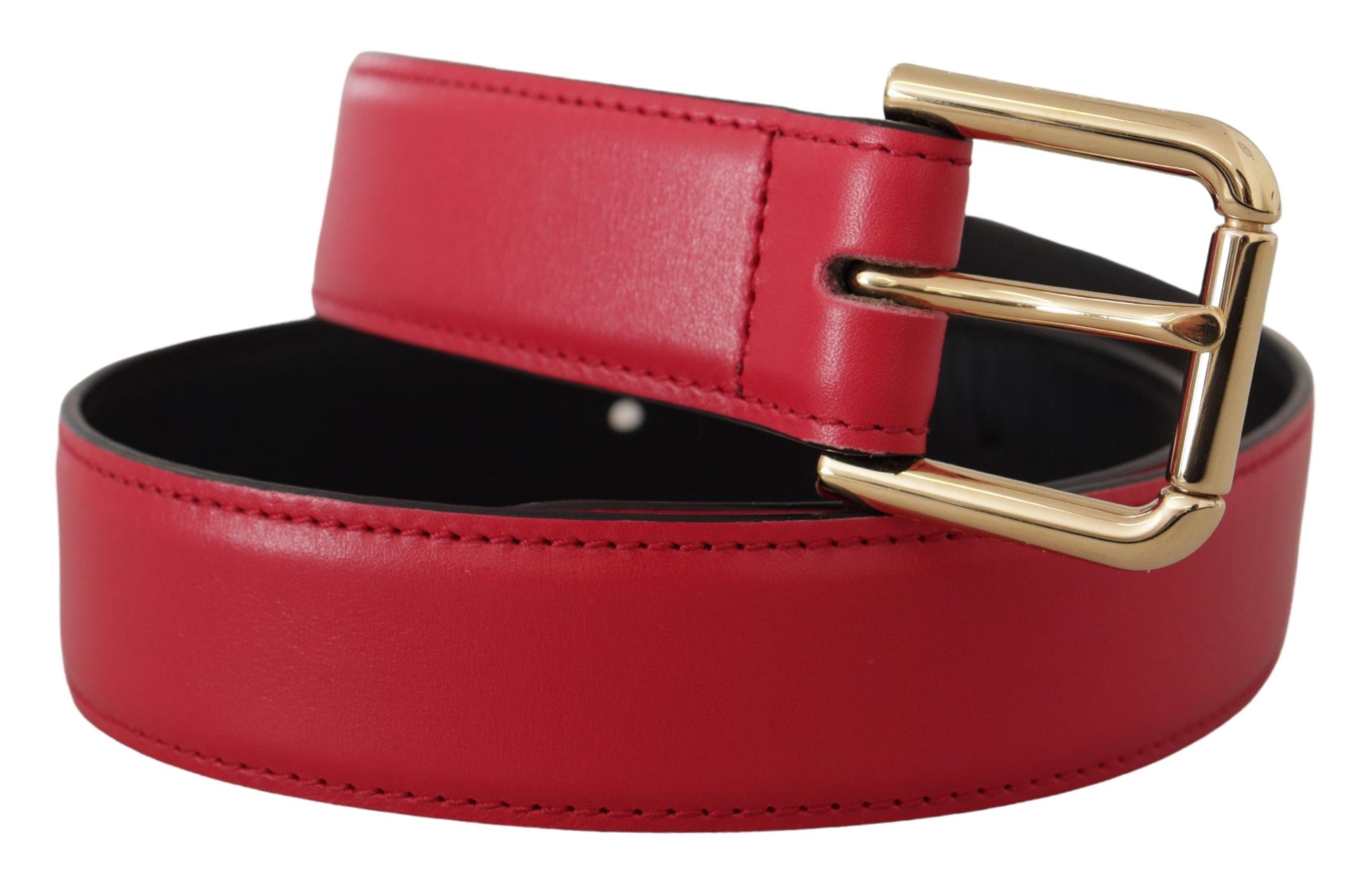 Red Calf Leather Gold Tone Logo Metal Buckle Belt - ventzia