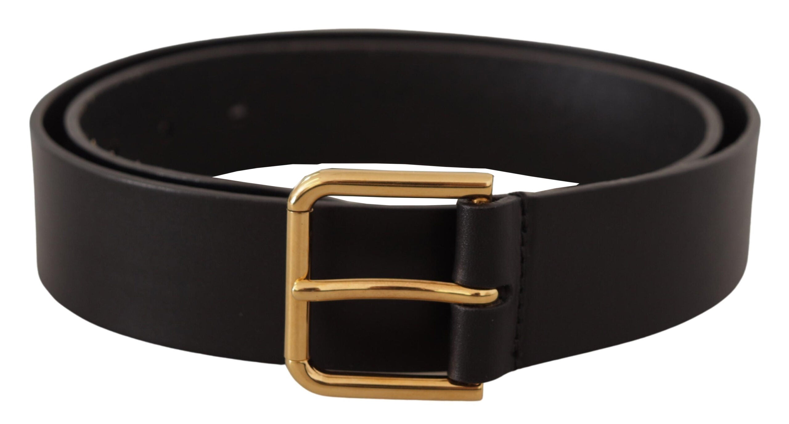 Black Calf Leather Gold Tone Logo Metal Buckle Belt - ventzia