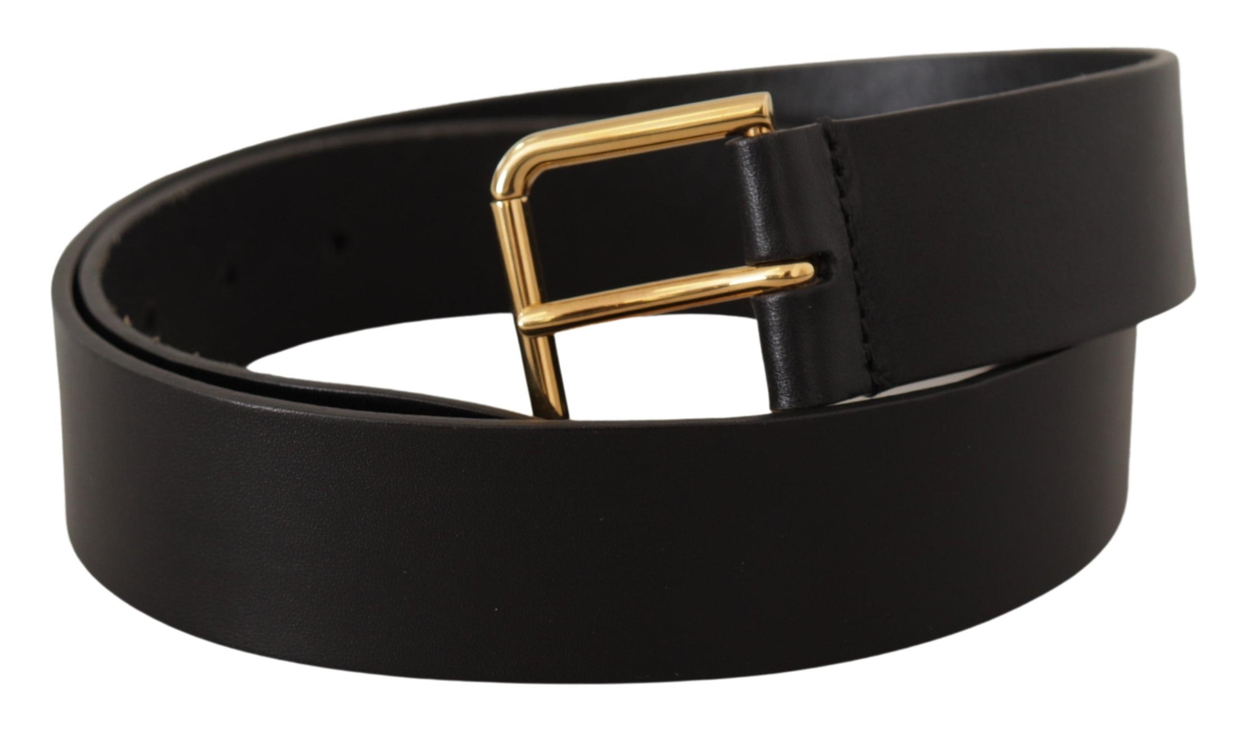 Black Calf Leather Gold Tone Logo Metal Buckle Belt - ventzia