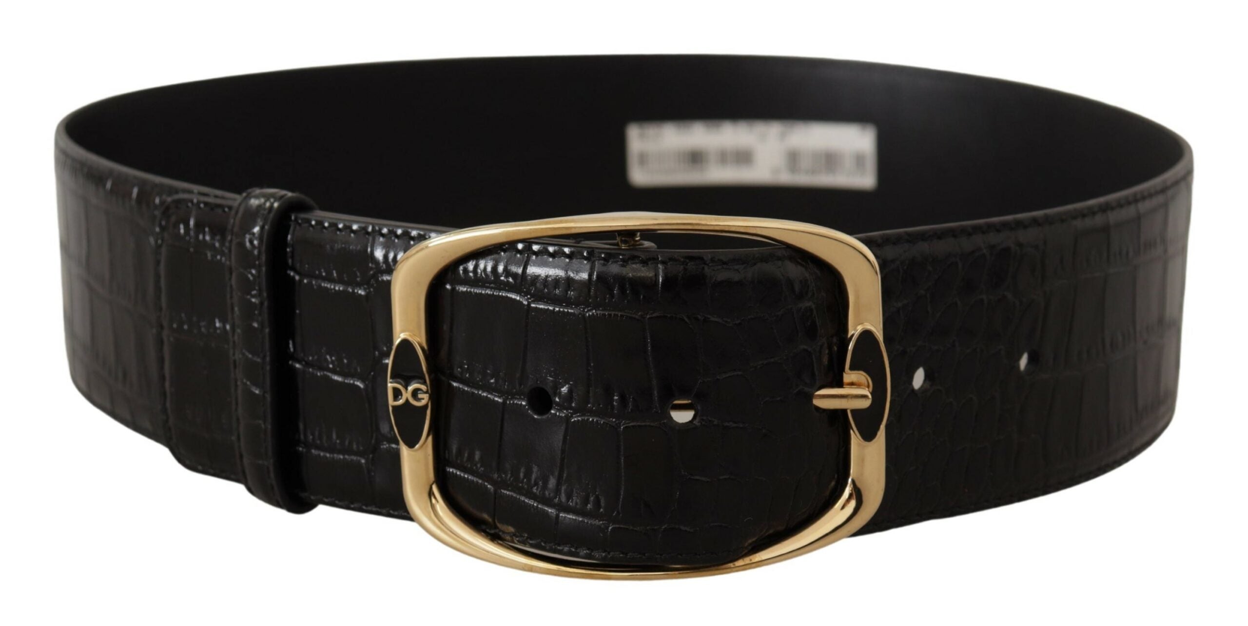 Black Crocodile Print Gold Metal DG Logo Buckle Belt - ventzia