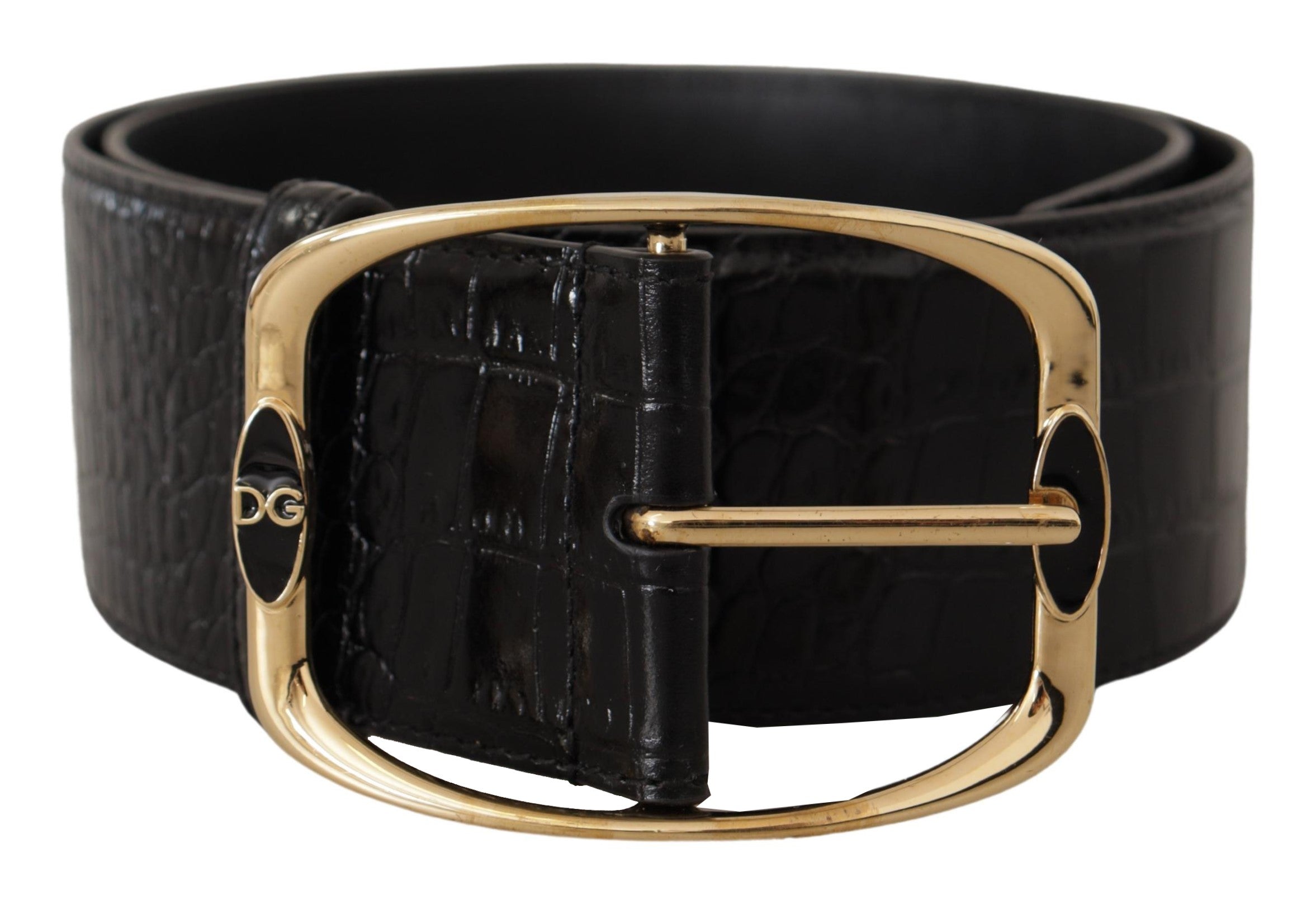 Black Crocodile Print Gold Metal DG Logo Buckle Belt - ventzia