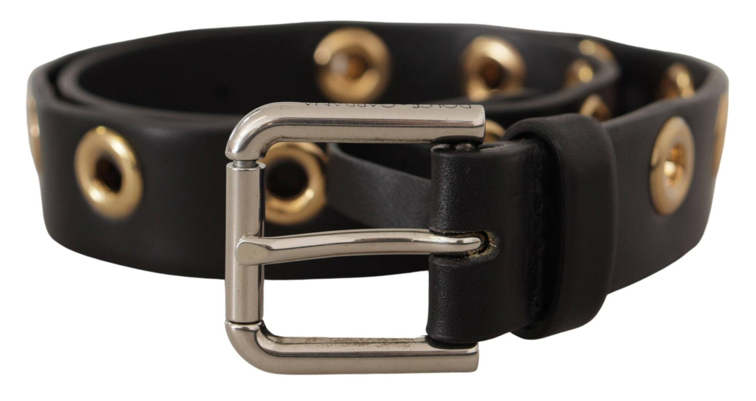 Black Leather Eyelet Silver Tone Metal Buckle Belt - ventzia