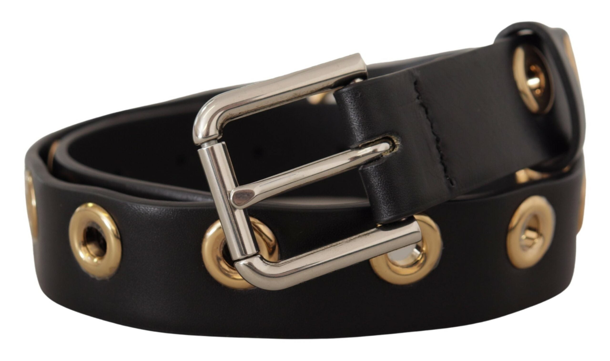Black Leather Eyelet Silver Tone Metal Buckle Belt - ventzia