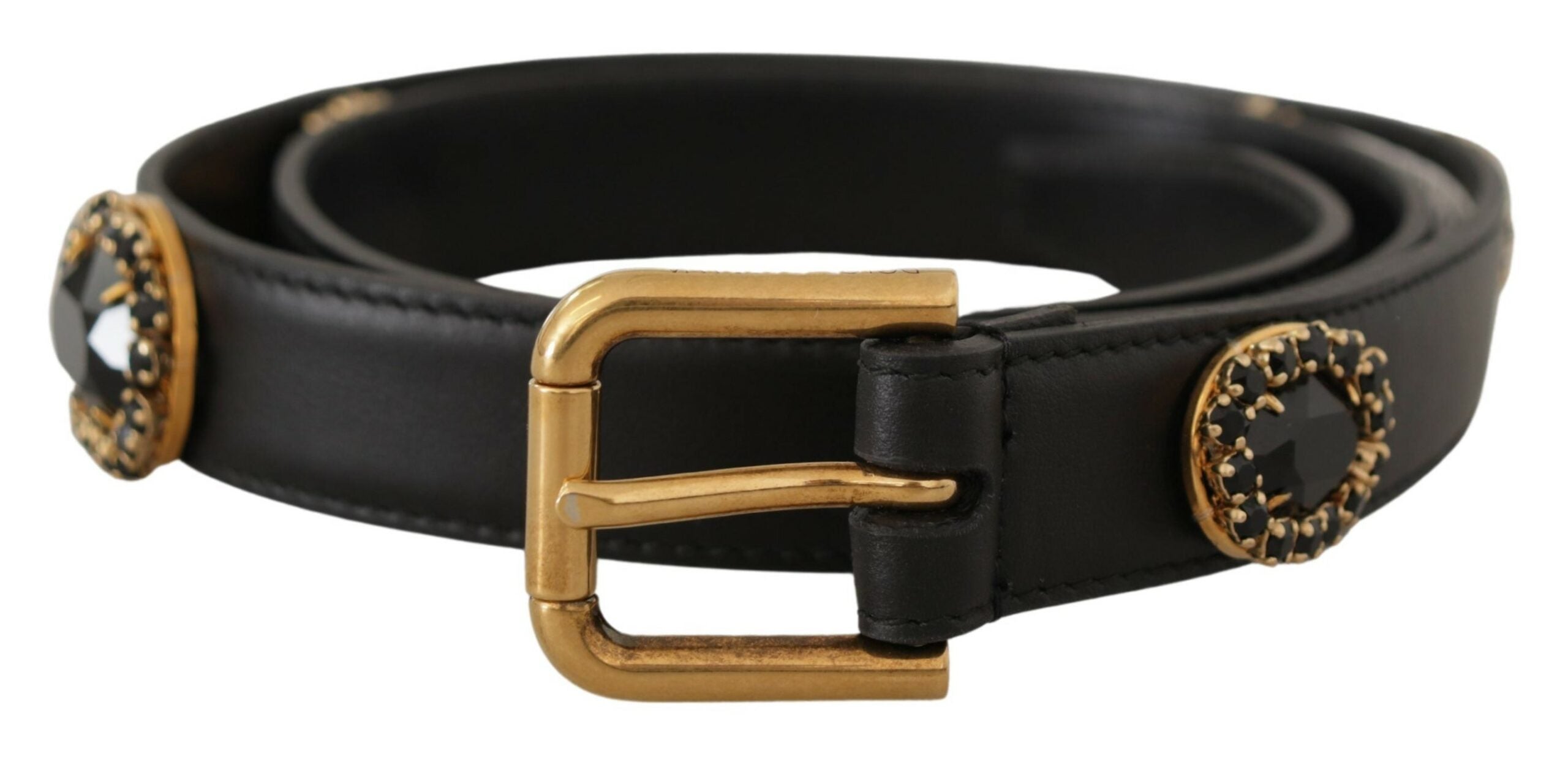 Black Leather Embellished Crystal Logo Belt - ventzia