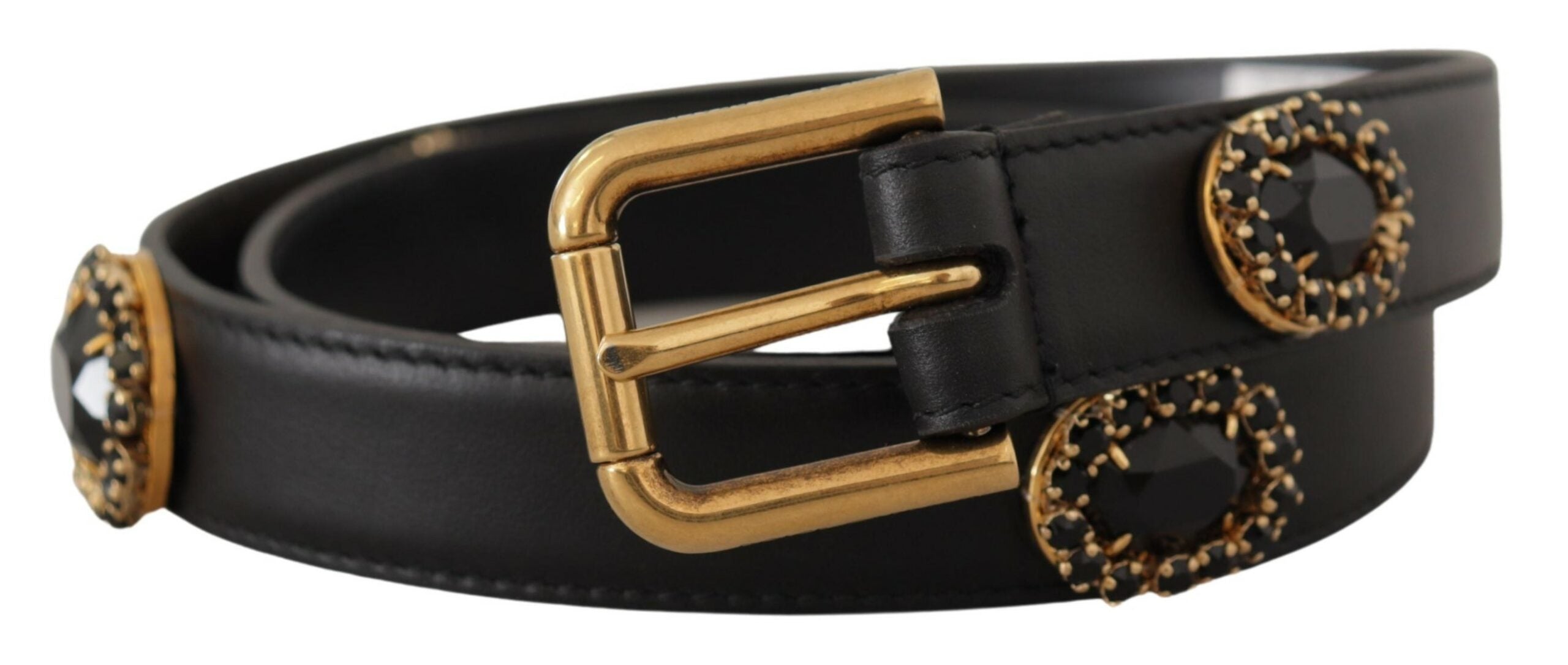 Black Leather Embellished Crystal Logo Belt - ventzia