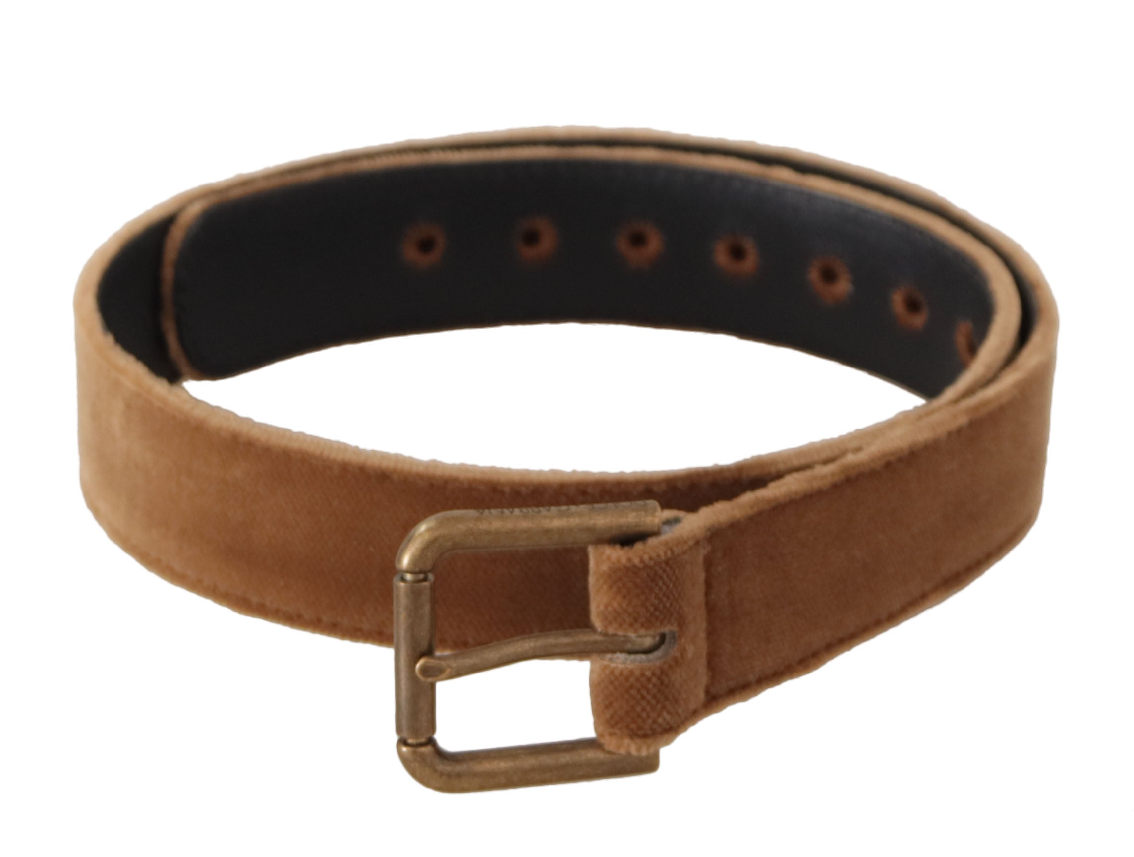 Brown Velvet Bronze Vintage Logo Metal Buckle Belt - ventzia
