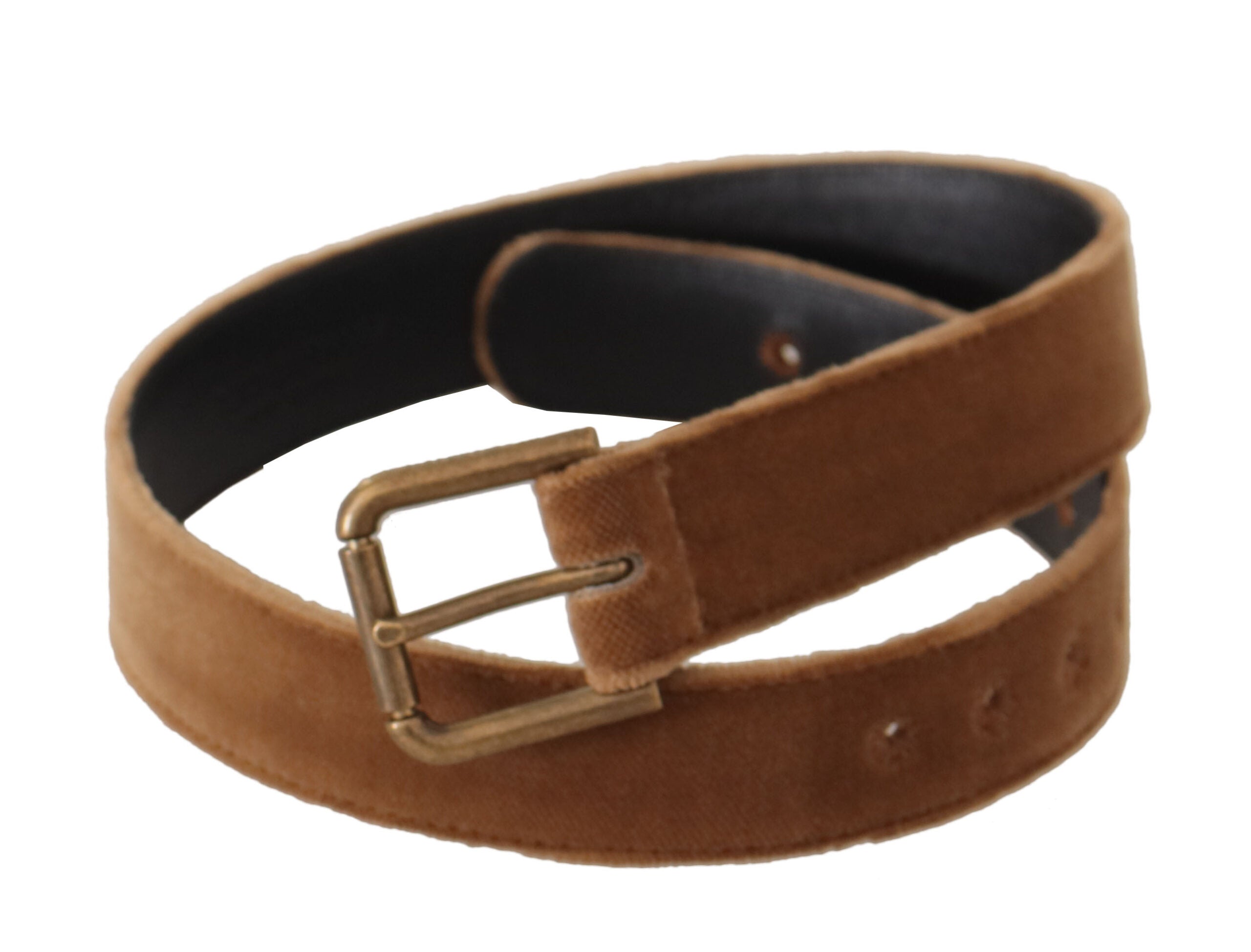 Brown Velvet Bronze Vintage Logo Metal Buckle Belt - ventzia