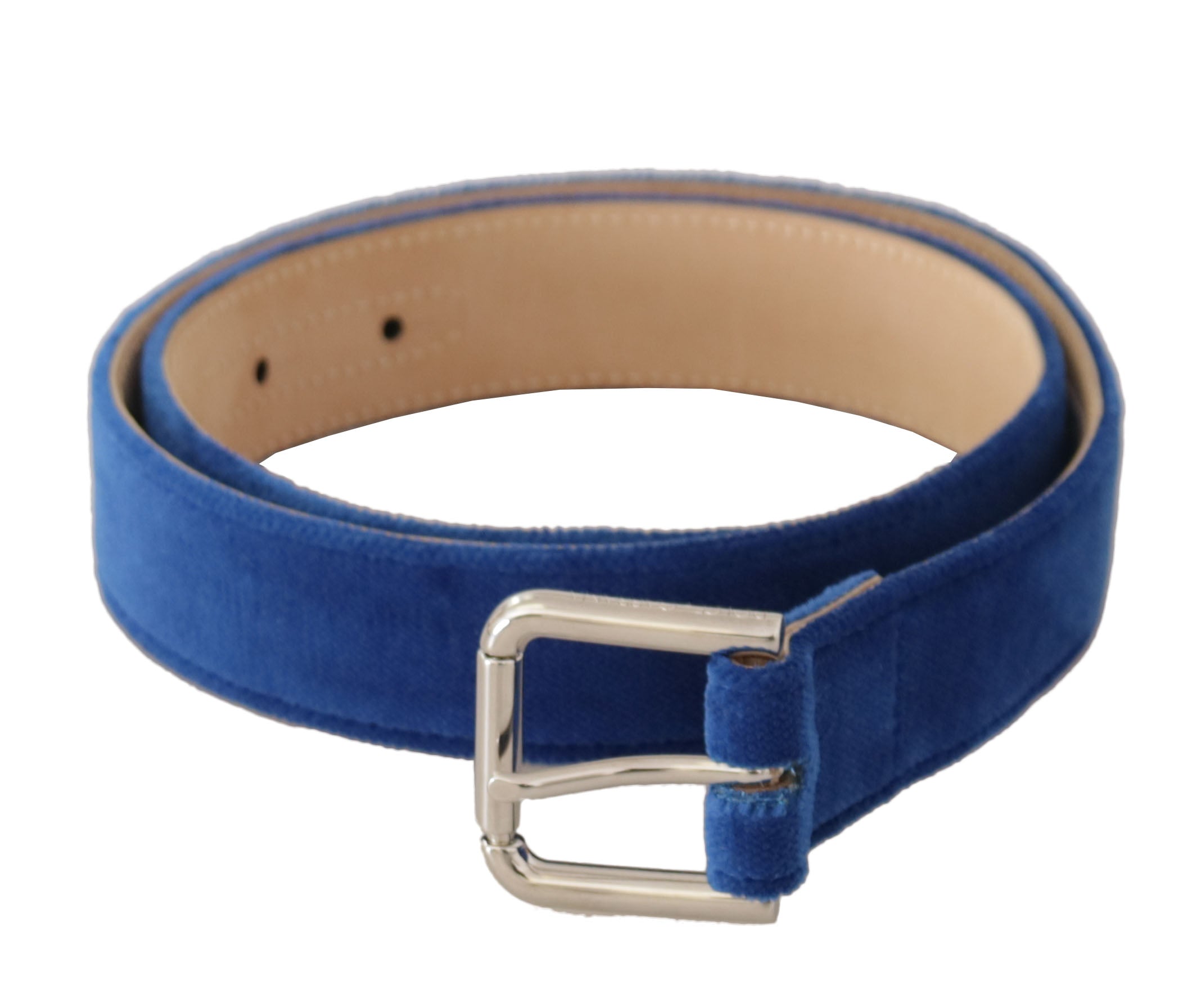 Blue Velvet Silver Logo Engraved Metal Buckle Belt - ventzia