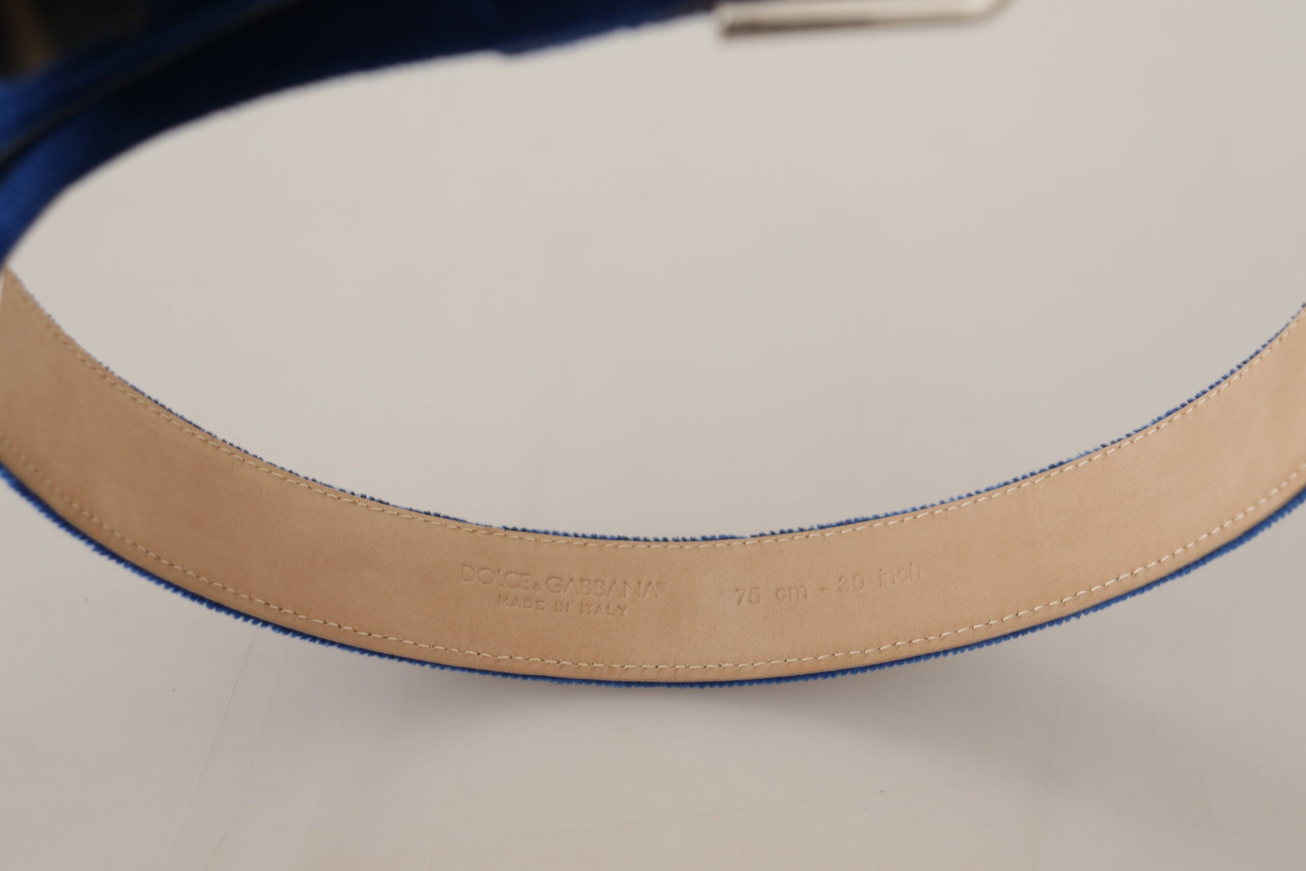 Blue Velvet Silver Logo Engraved Metal Buckle Belt - ventzia