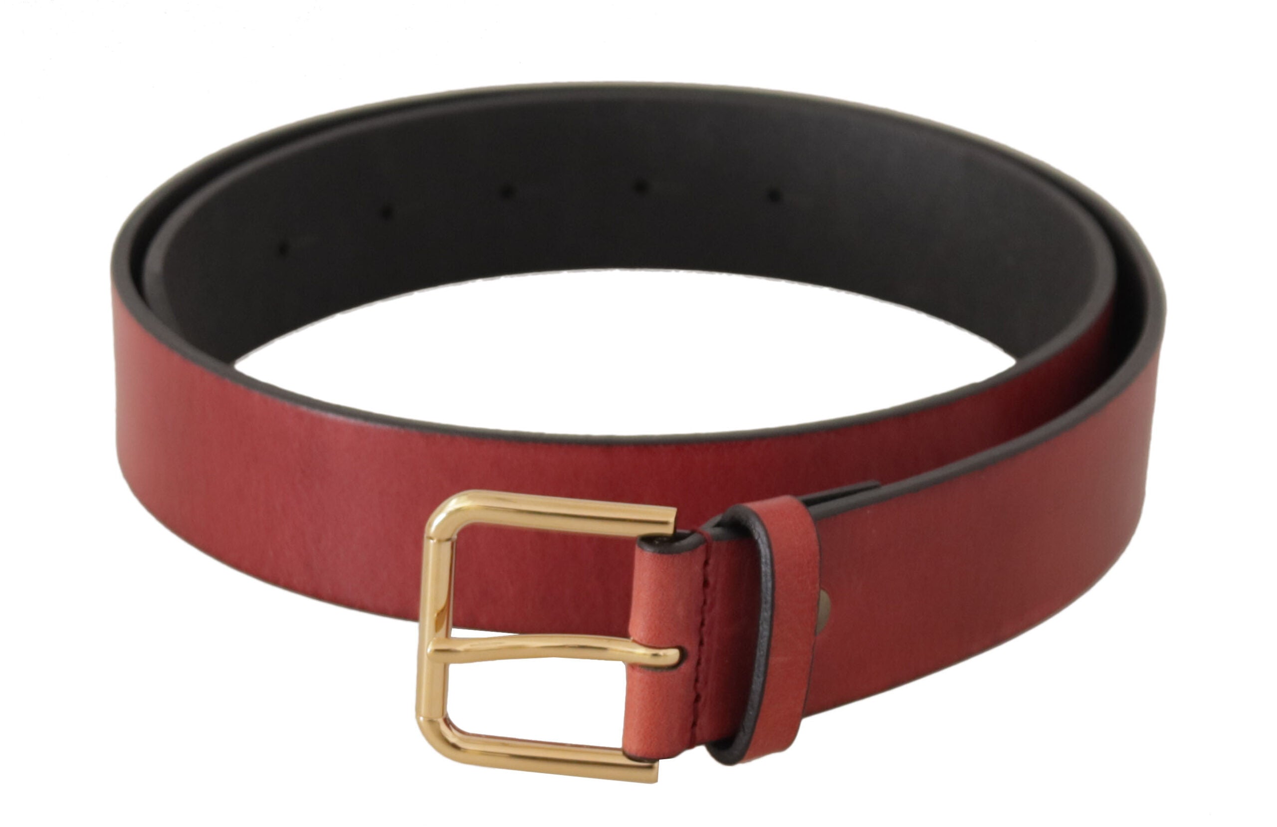 Red Leather Gold Logo Engraved Metal Buckle Belt - ventzia