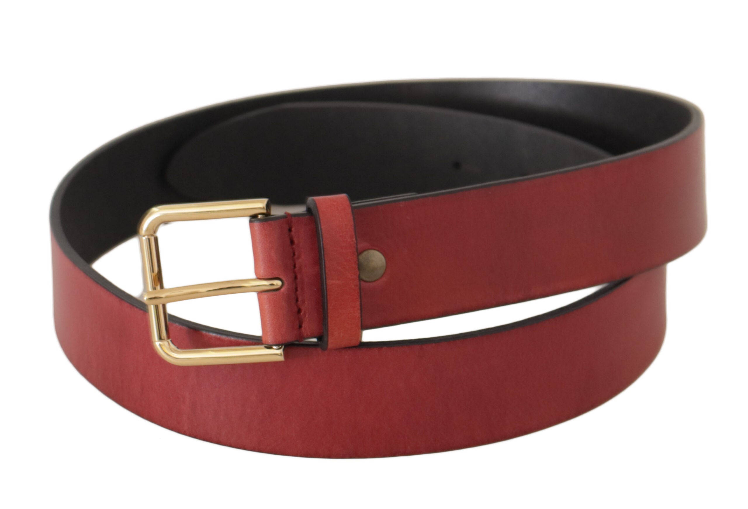 Red Leather Gold Logo Engraved Metal Buckle Belt - ventzia