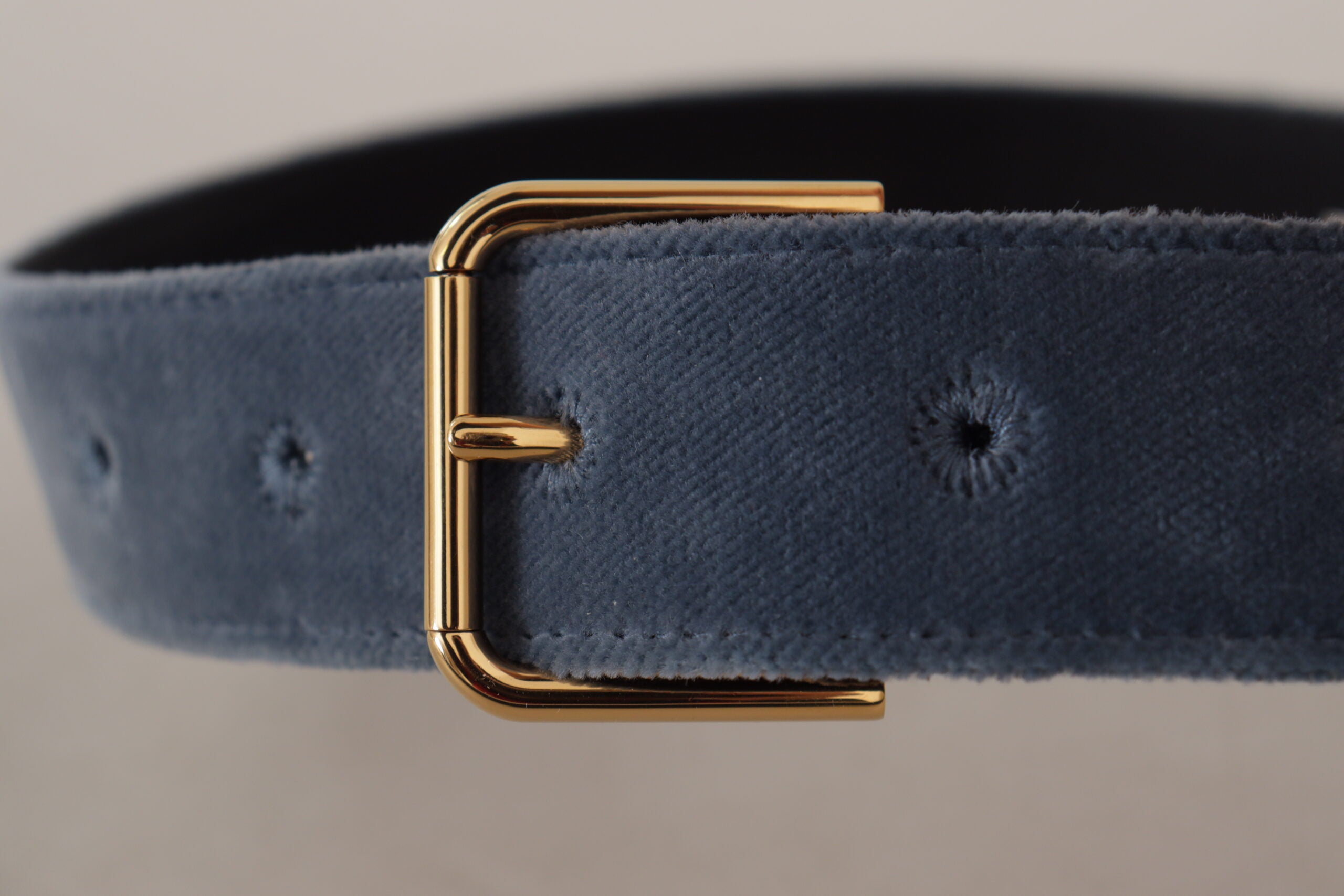 Navy Blue Velvet Gold Metal Logo Waist Buckle Belt - ventzia