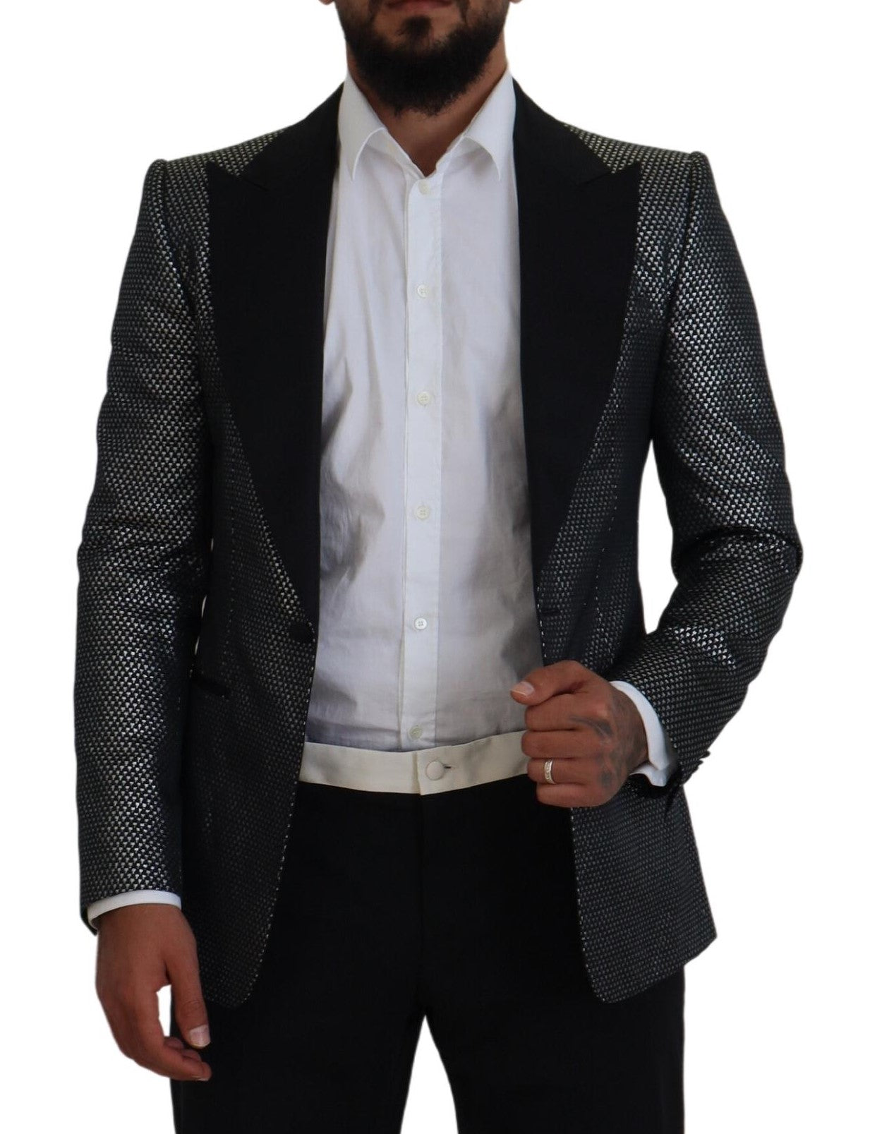 Black Silver Jacquard Slim Fit Jacket Blazer - ventzia