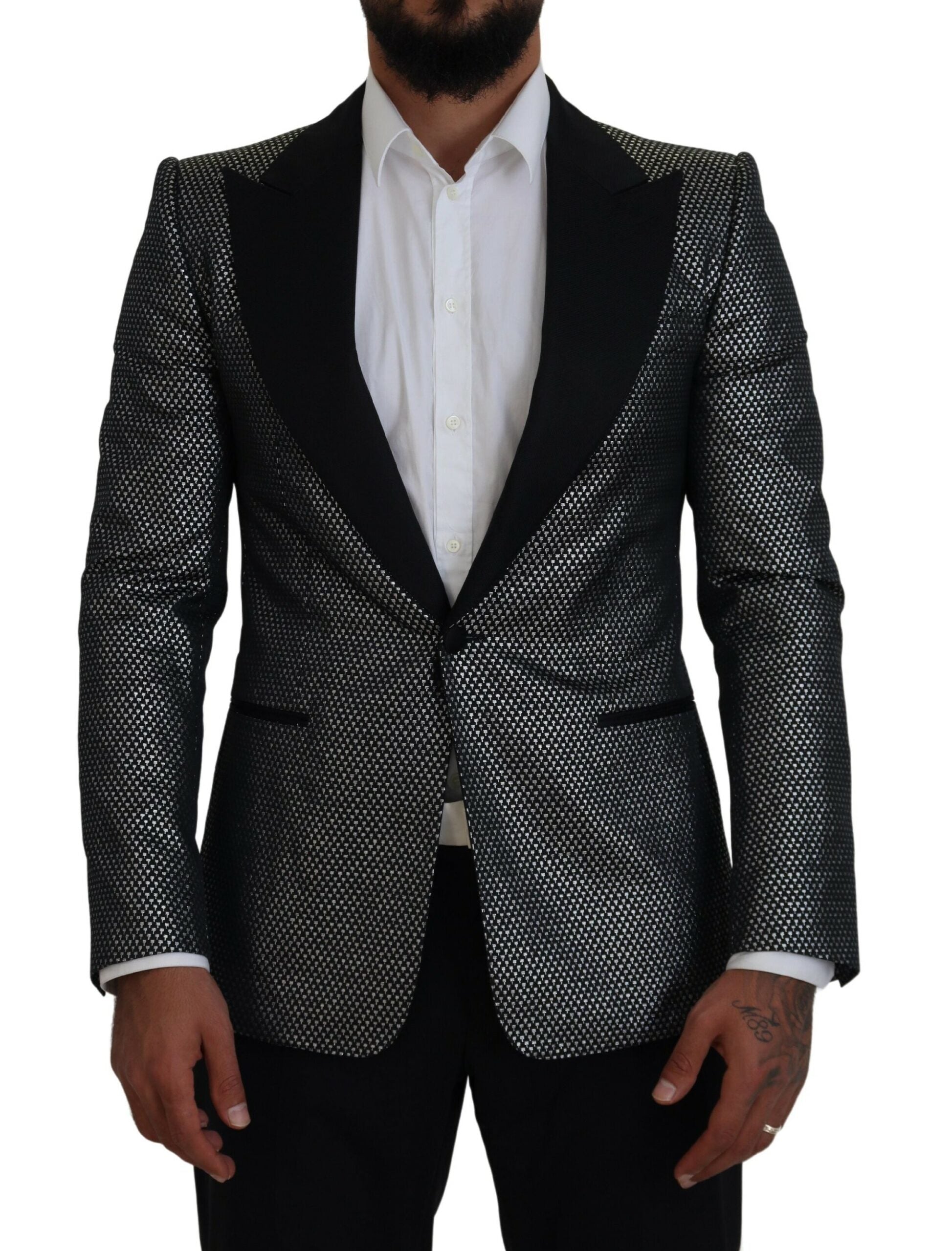 Black Silver Jacquard Slim Fit Jacket Blazer - ventzia